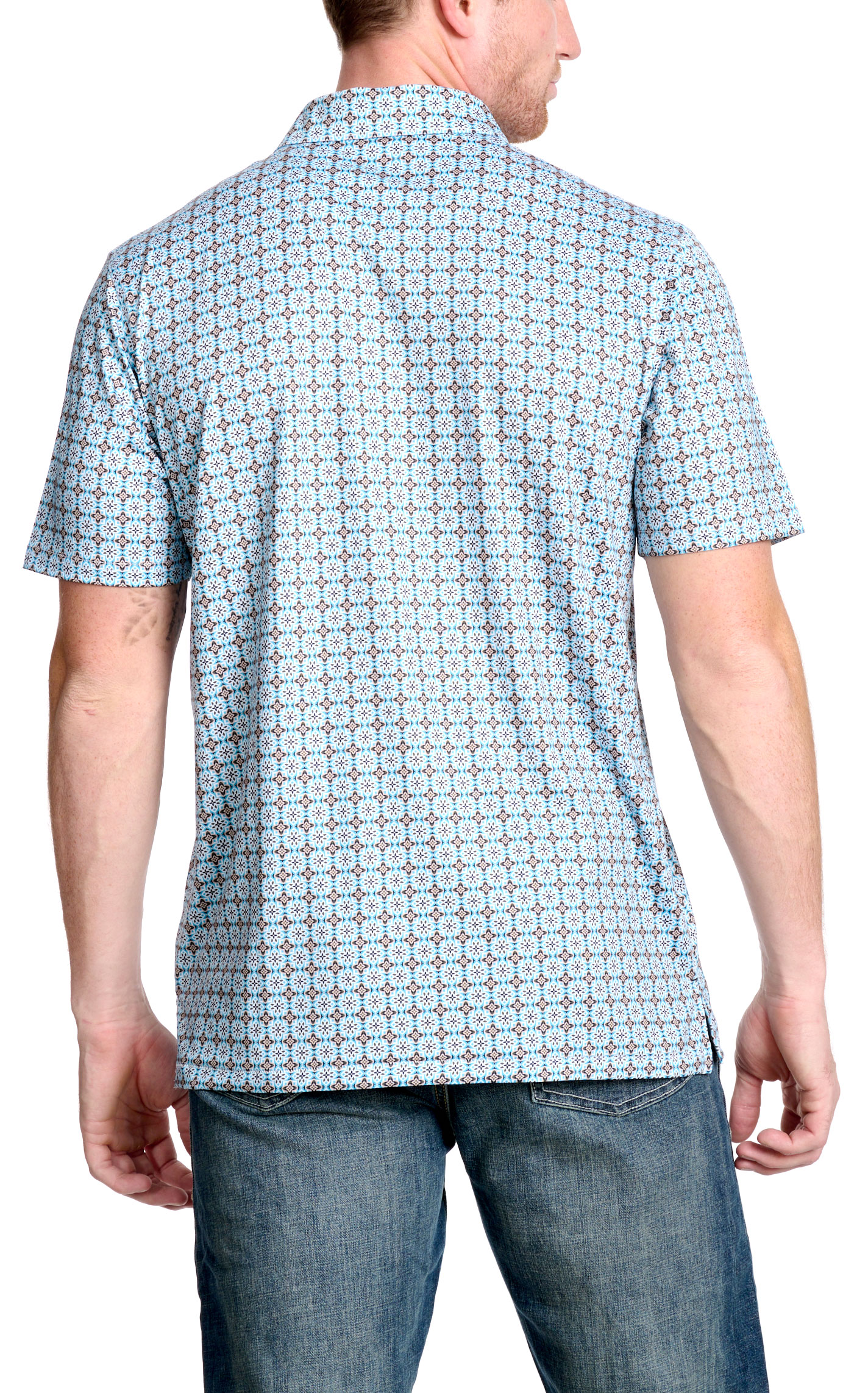 Rafter C Men's Cornflower & Coffee Geo Print Polo Shirt - Image 1