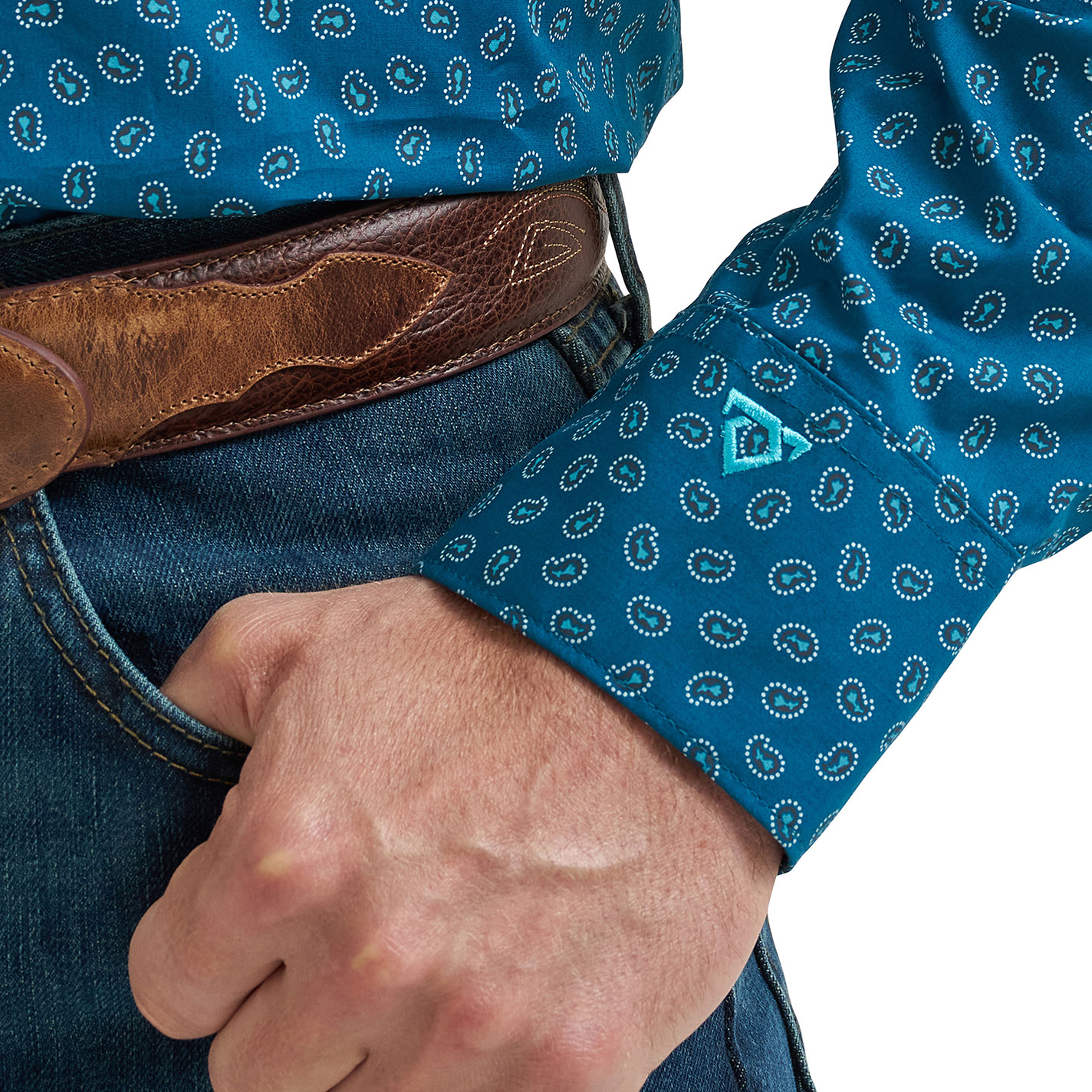 Wrangler Cody Johnson Men's Cerulean Blue & Turquoise Paisley Print Western Shirt - Image 1