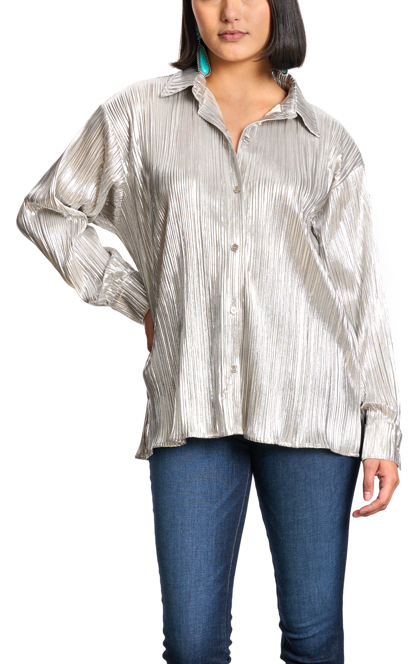 Blue B Women's Shiny Silver Pleated Top - Image 1