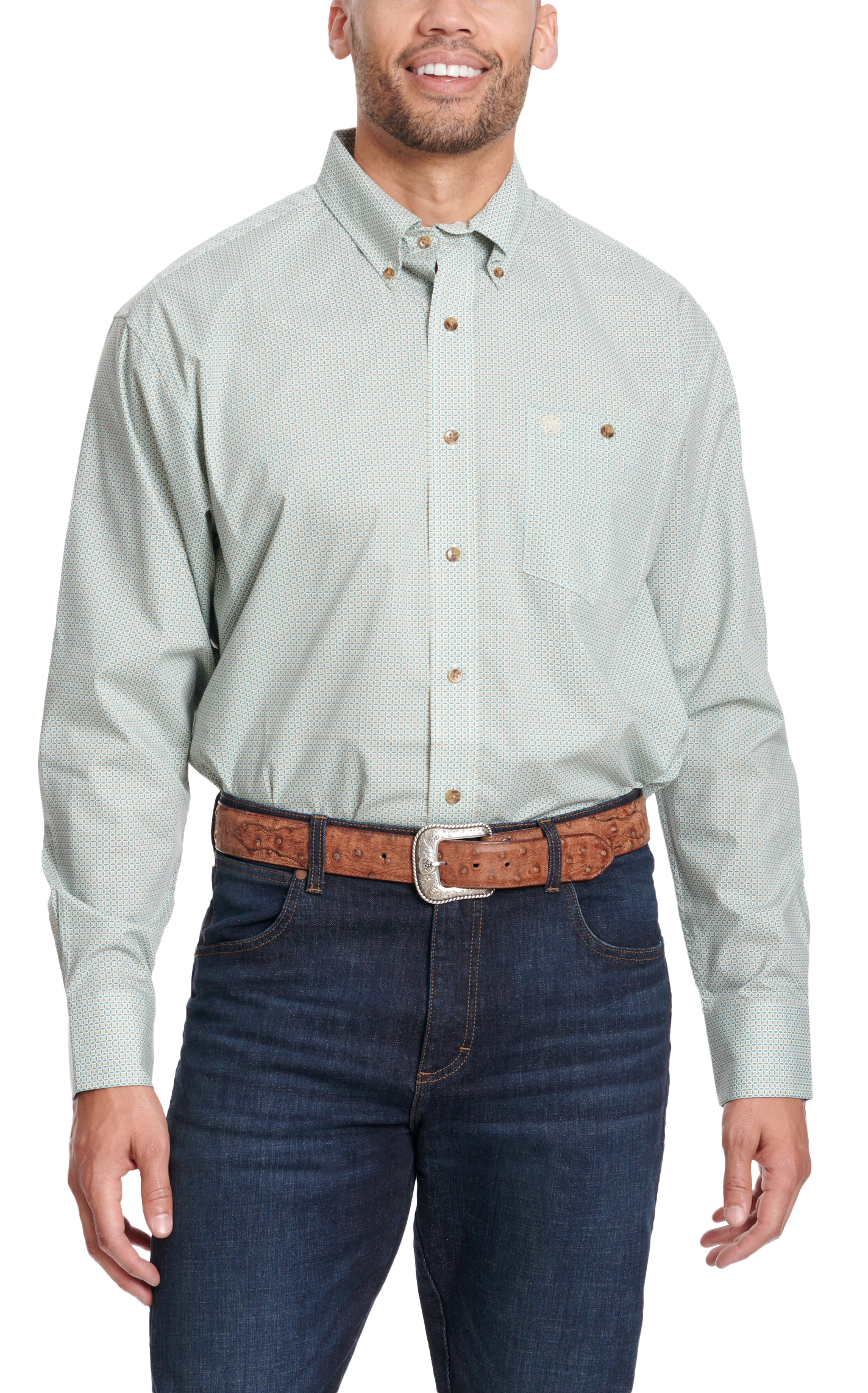 Wrangler Men's Classic Teal & Antique Gold Geo Print Western Shirt - Image 1