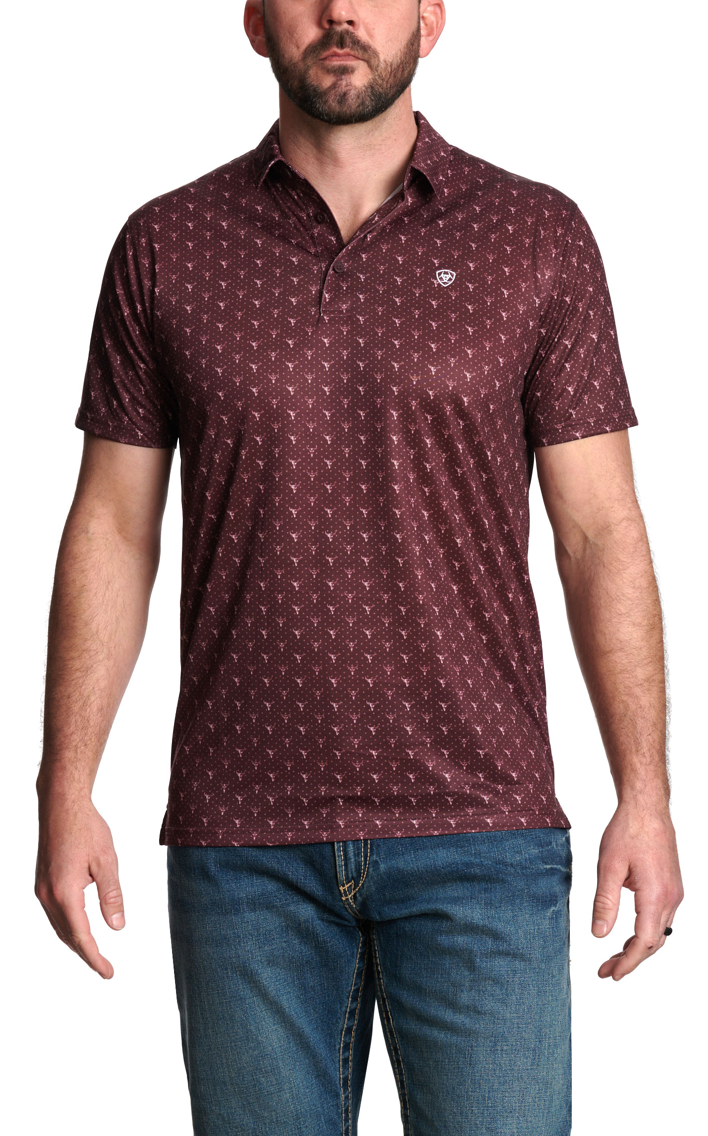 Ariat Men's Burgundy Steer Skull Print Polo Shirt - Image 1