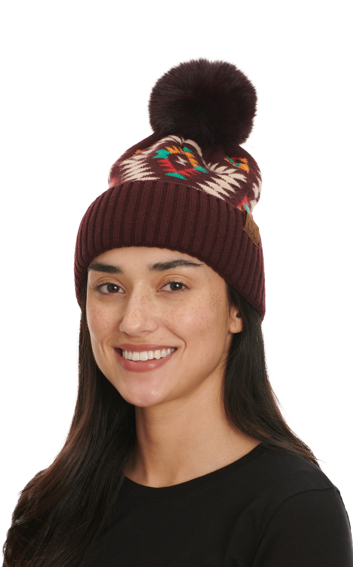 C.C. Brands Women's Dark Berry Colorful Aztec Print & Fluffy PomPom Super Soft Beanie - Image 1