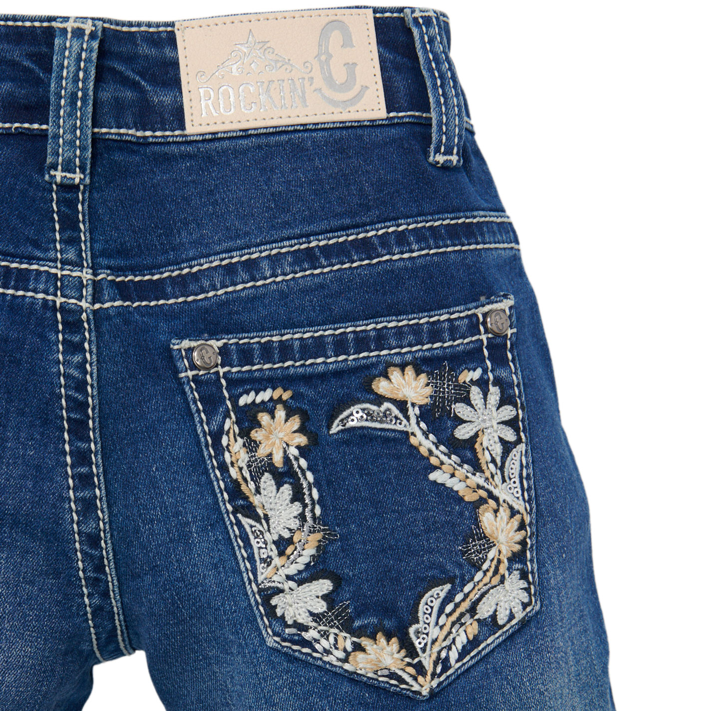 Rockin' C Girls' Dark Wash Floral Embellished Pocket Bootcut Jeans - Image 1