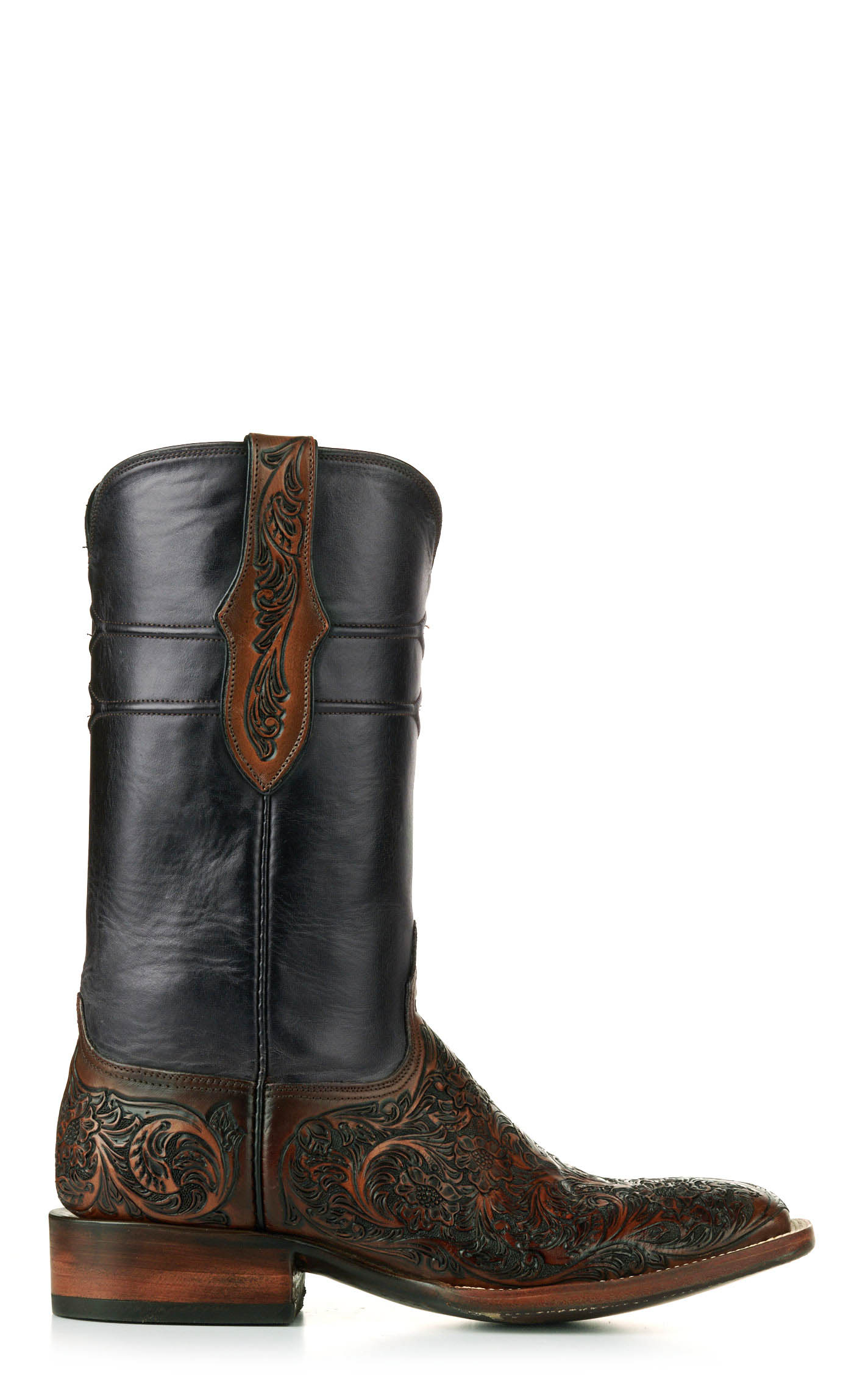 Black Jack Men's Mahogany Black and Brown Hand Tooled Wide Square Toe Cowboy Boots - Image 1
