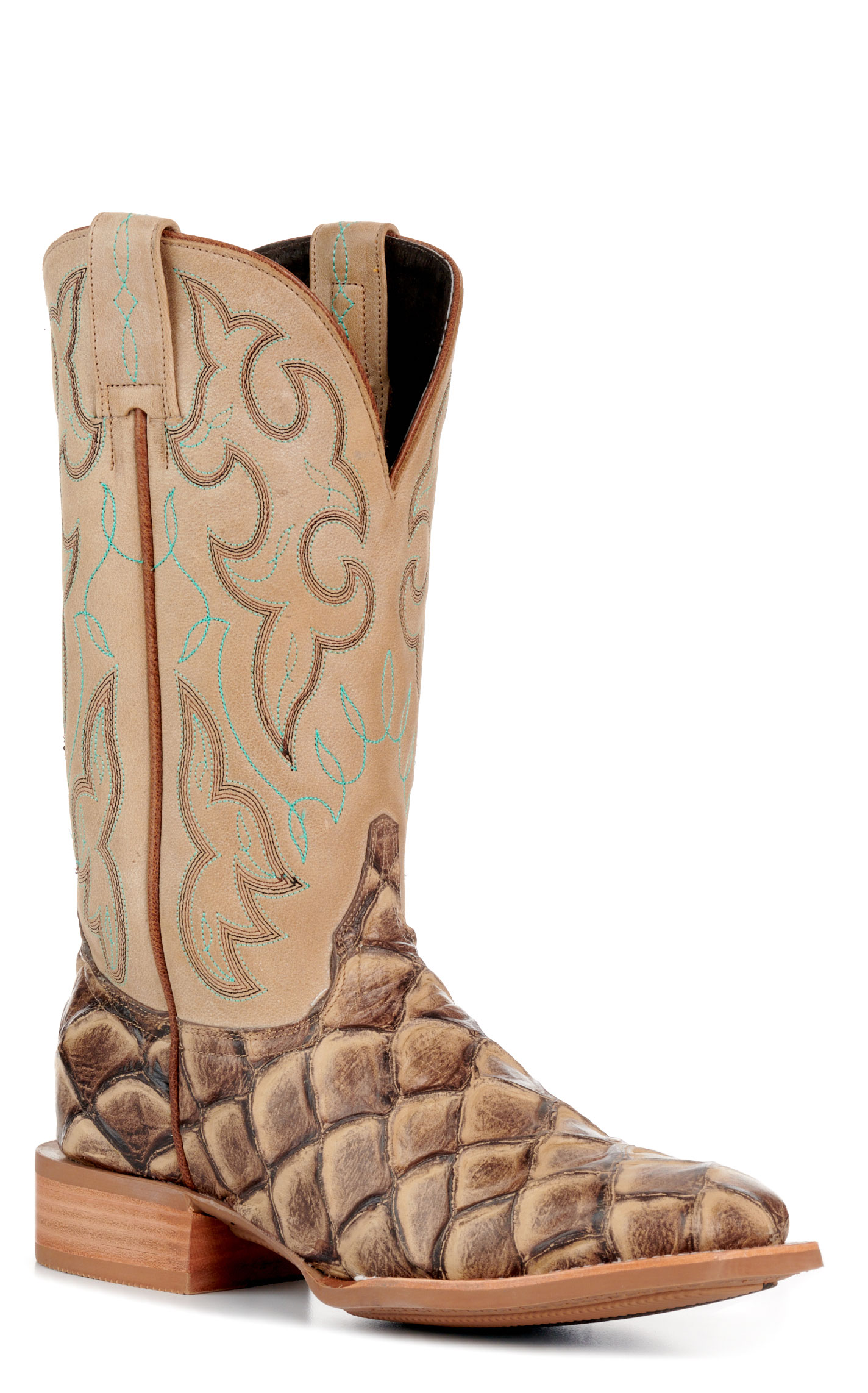 Cavender's Women's Intrepid Sand Pirarucu Print and Cream Wide Square Toe Cowboy Boots - Image 1