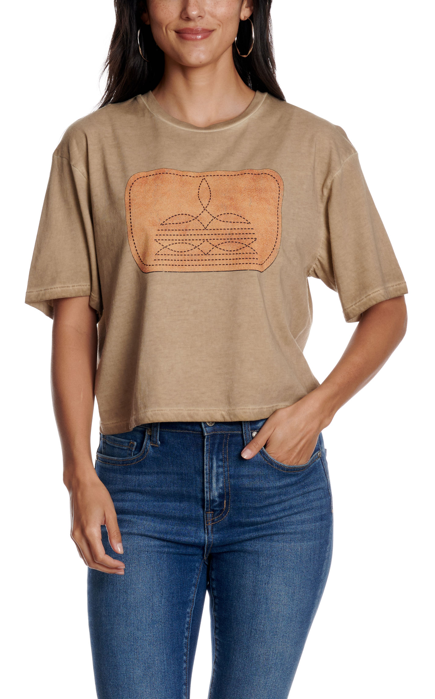 Zutter Women's Taupe Bootstitch Patch T-Shirt - Image 1