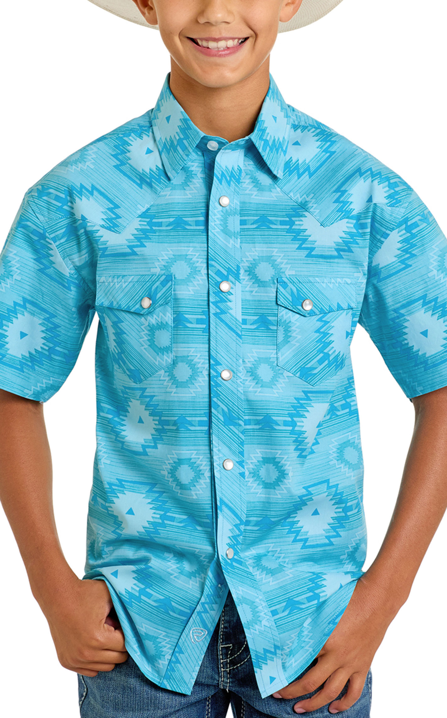 Rock & Roll Denim Boy's Turquoise Aztec Print Western Shirt - Image 1