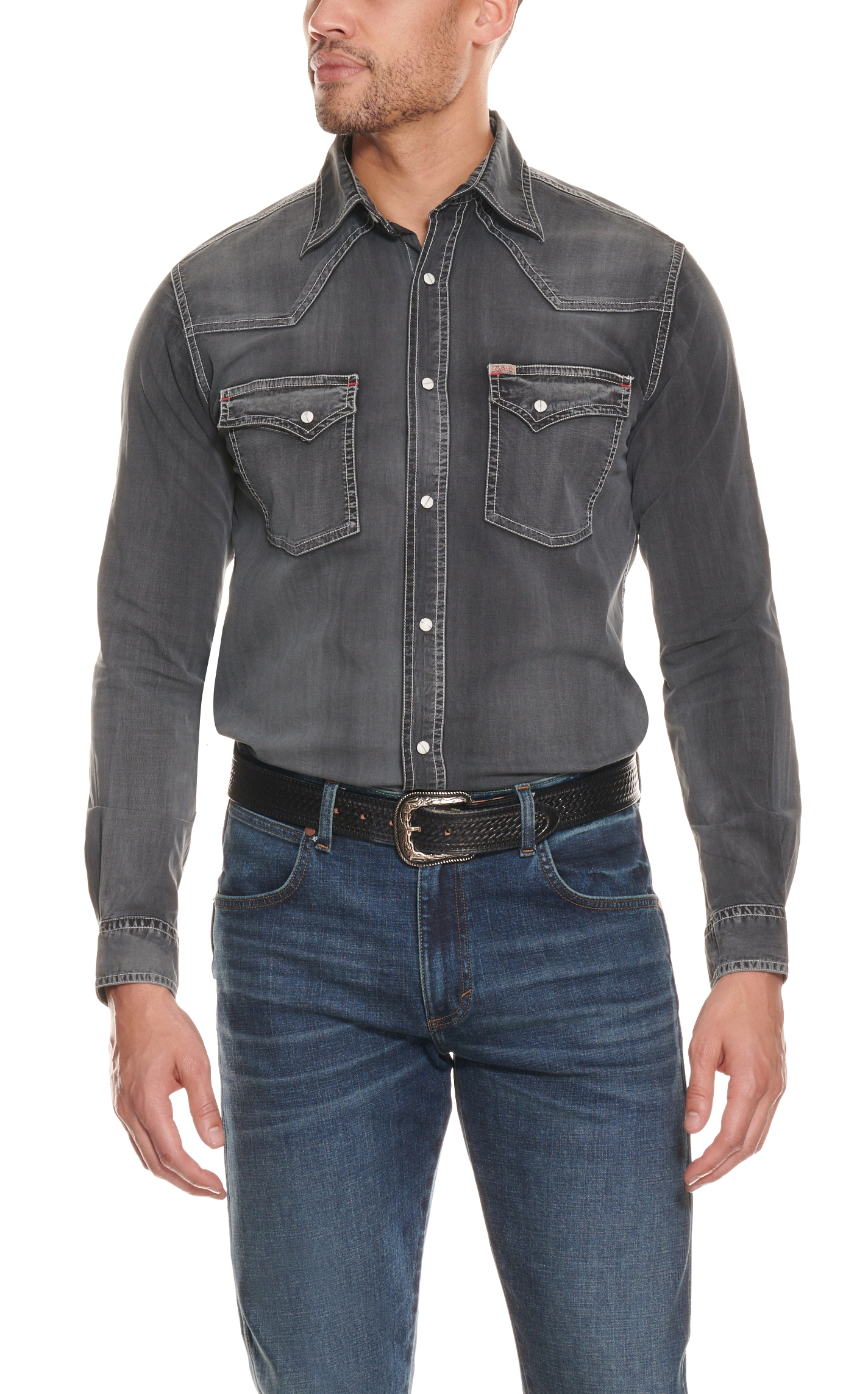 Rafter C Men's ProFlex45 Washed Black Stretch Western Shirt - Image 1