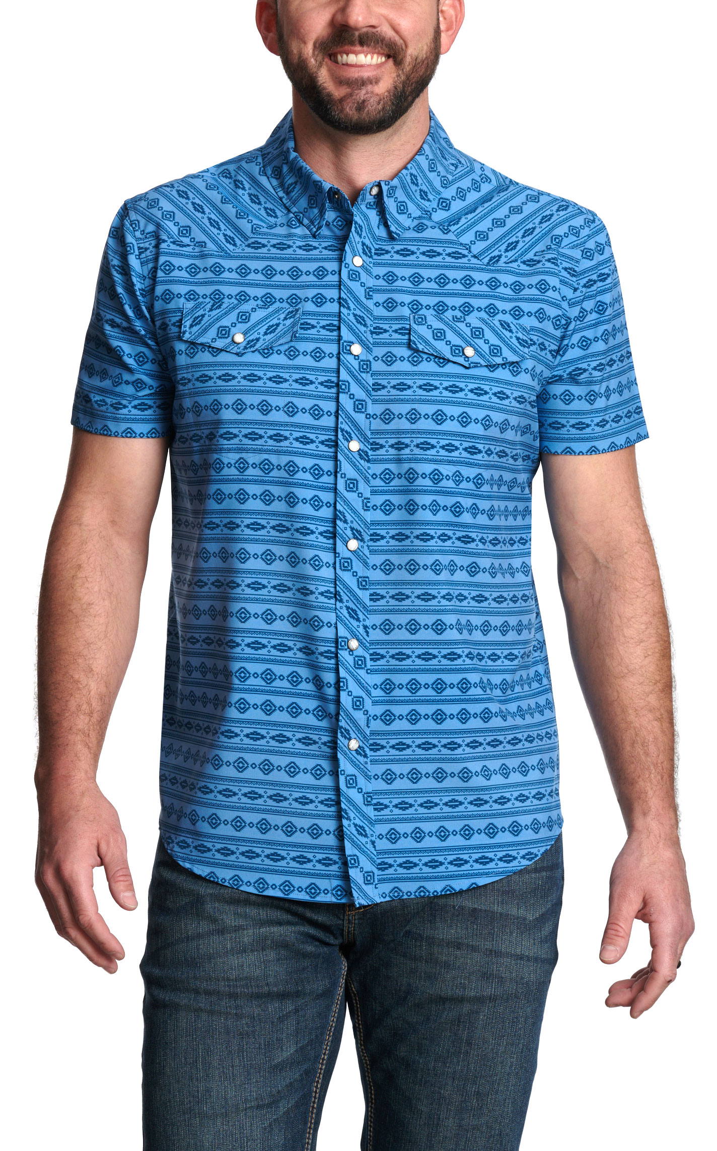 Panhandle Men's Performance Blue & Navy Aztec Print Western Shirt - Image 1