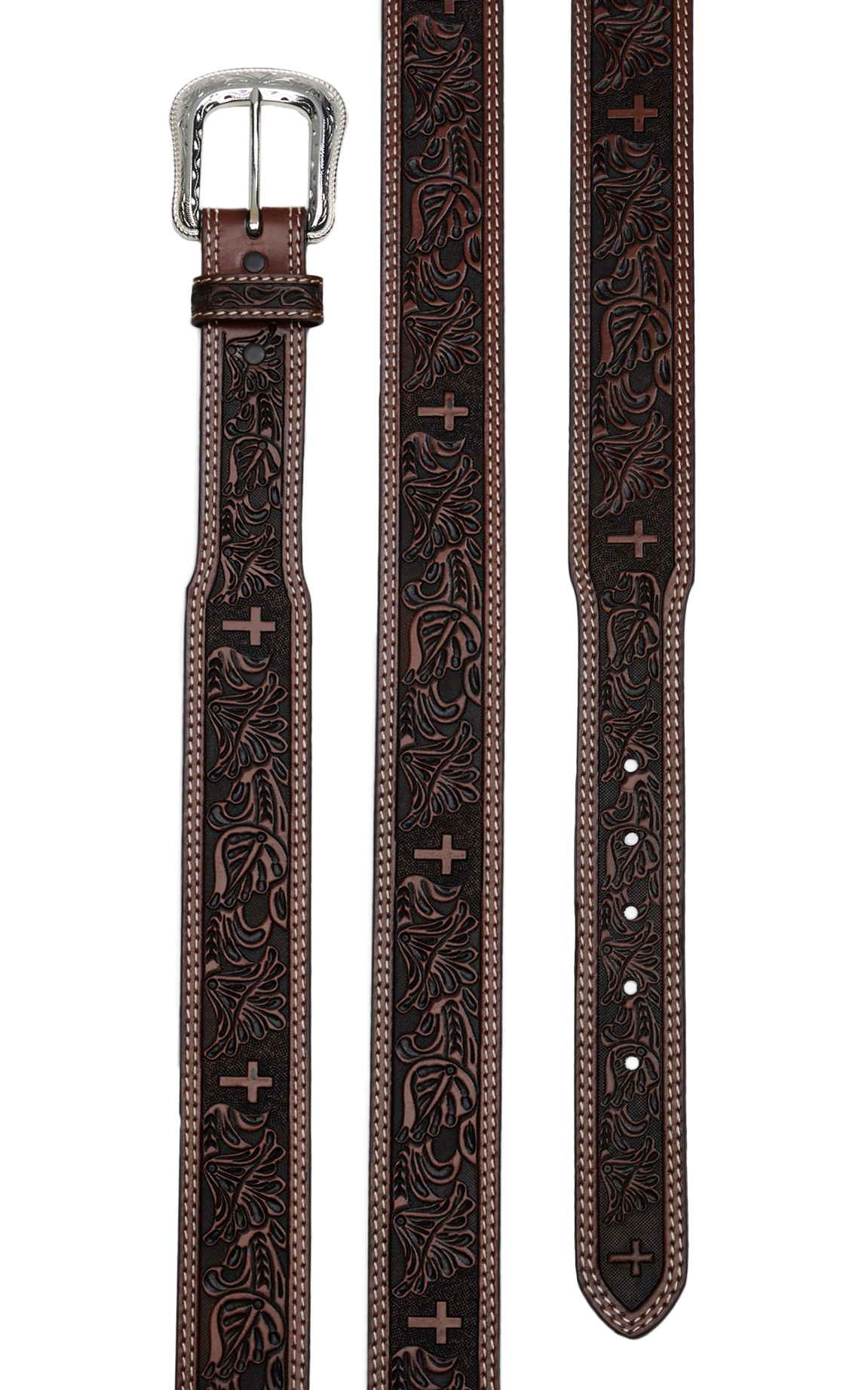 Cowboy Chrome Men's Brown Floral Tooled Cross Leather Western Belt - Image 1