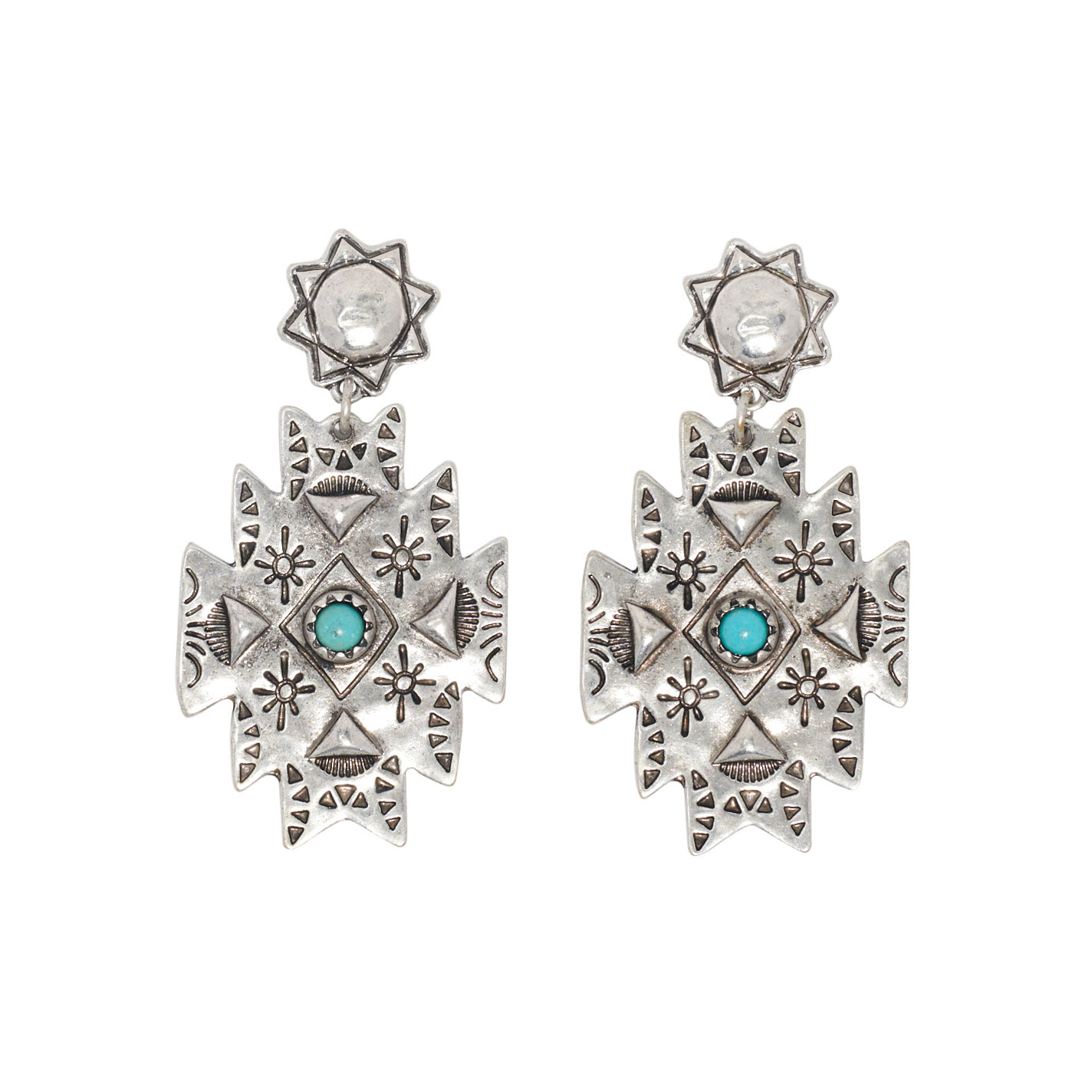 806 by Pink Panache Antique Silver & Turquoise Aztec Earrings - Image 1