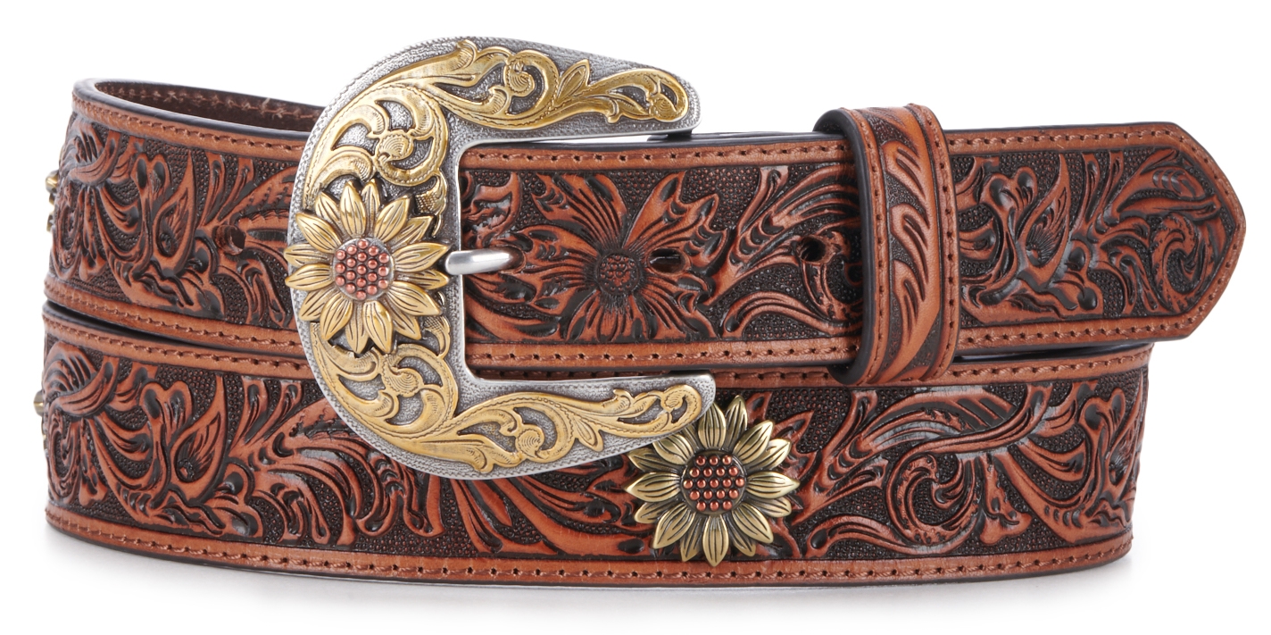Ariat Women's Brown Tooled with Sunflower Concho Leather Belt - Image 1