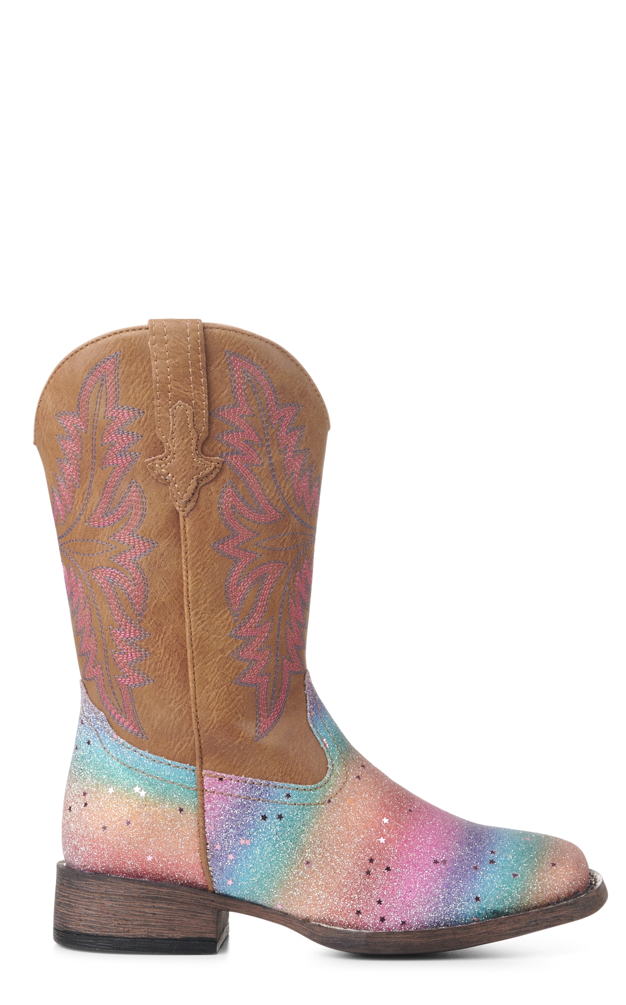 Roper Girls' Tan and Rainbow Glitter Square Toe Cowboy Boots - Image 1