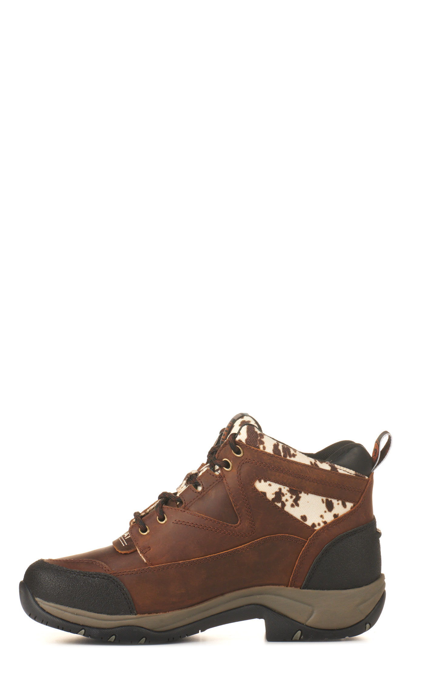 Ariat Women's Terrain Distressed Brown and Cow Print Waterproof Round Toe Lace Up Shoe - Image 1