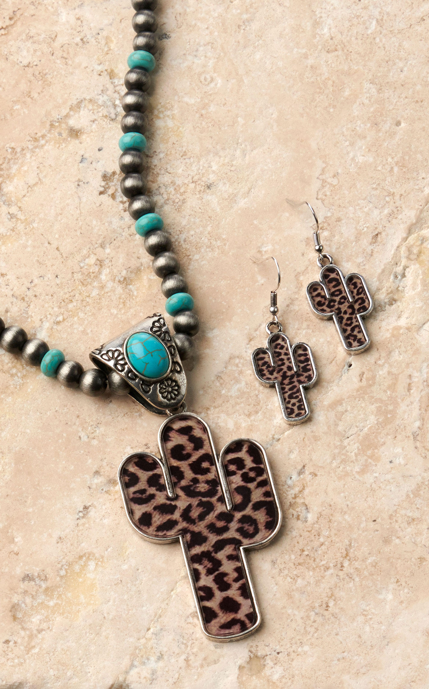 Silver Strike Silver and Turquoise Beads with Leopard Cactus Pendant Necklace and Earrings Jewelry Set - Image 1