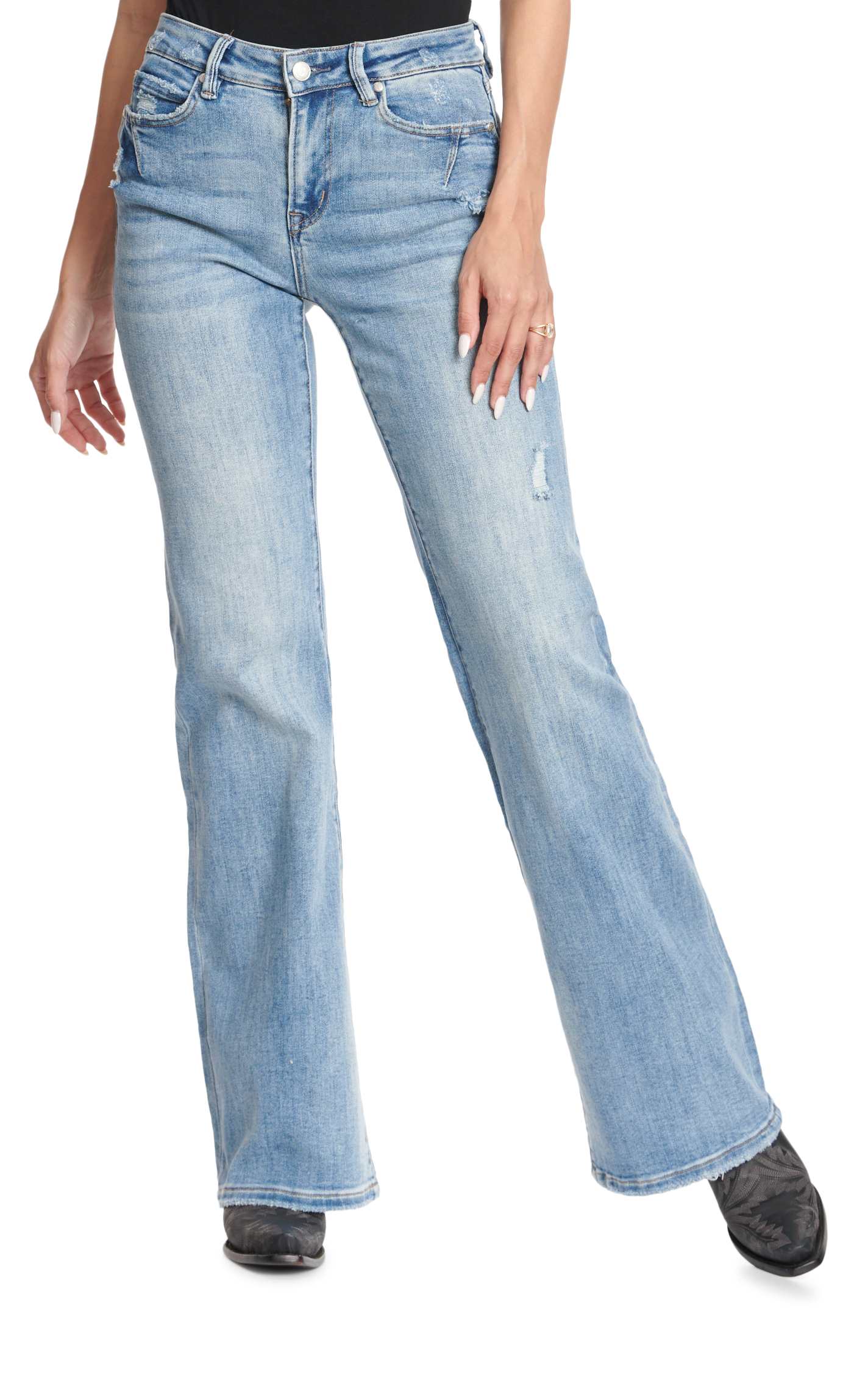 Rockin' C Women's Medium Wash Mid Rise Lightly Dart Pocket Distressed Flare Leg Jeans - Image 1