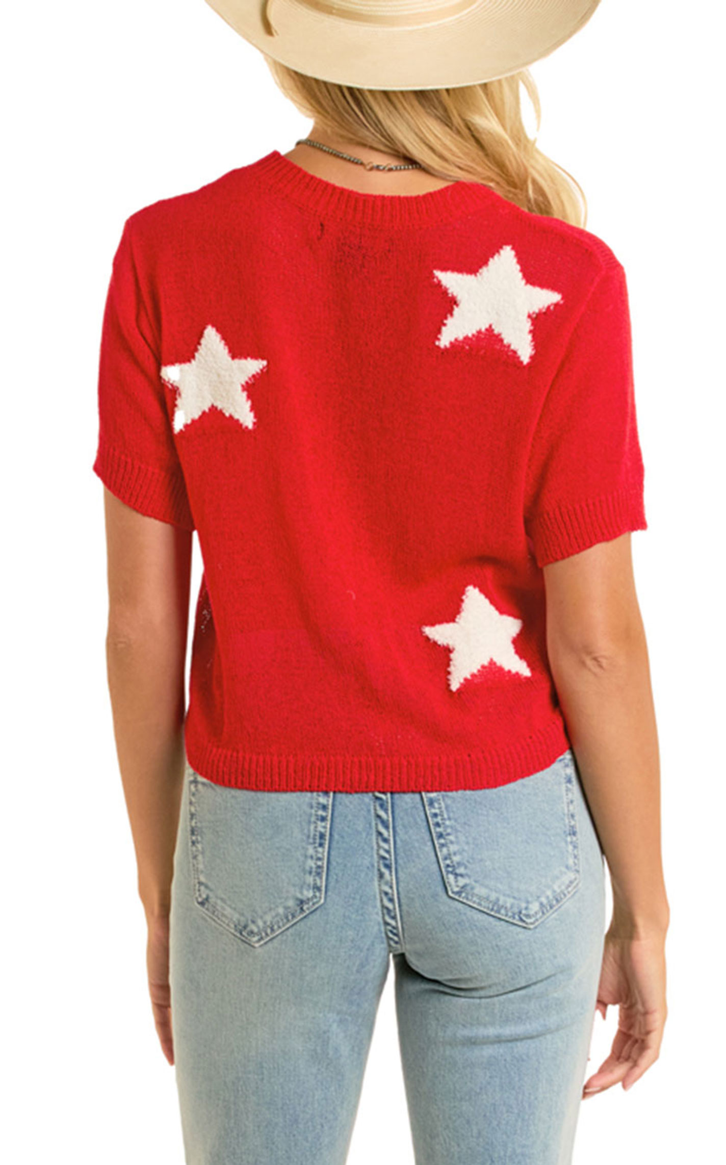 Rock & Roll Denim Women's Red White Star Short Sleeve Sweater - Image 1