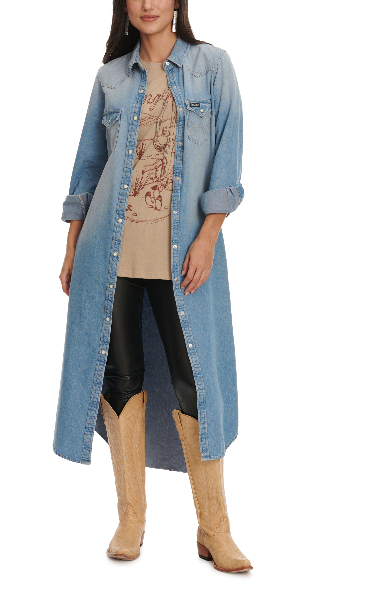 Wrangler Retro Women's Light Wash Denim Long Sleeve Long Shirt Dress - Image 1