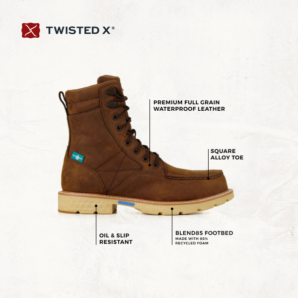 Twisted X Men's Cognac Waterproof CellStretch Square Composite Toe Lace Up Work Boot - Image 1