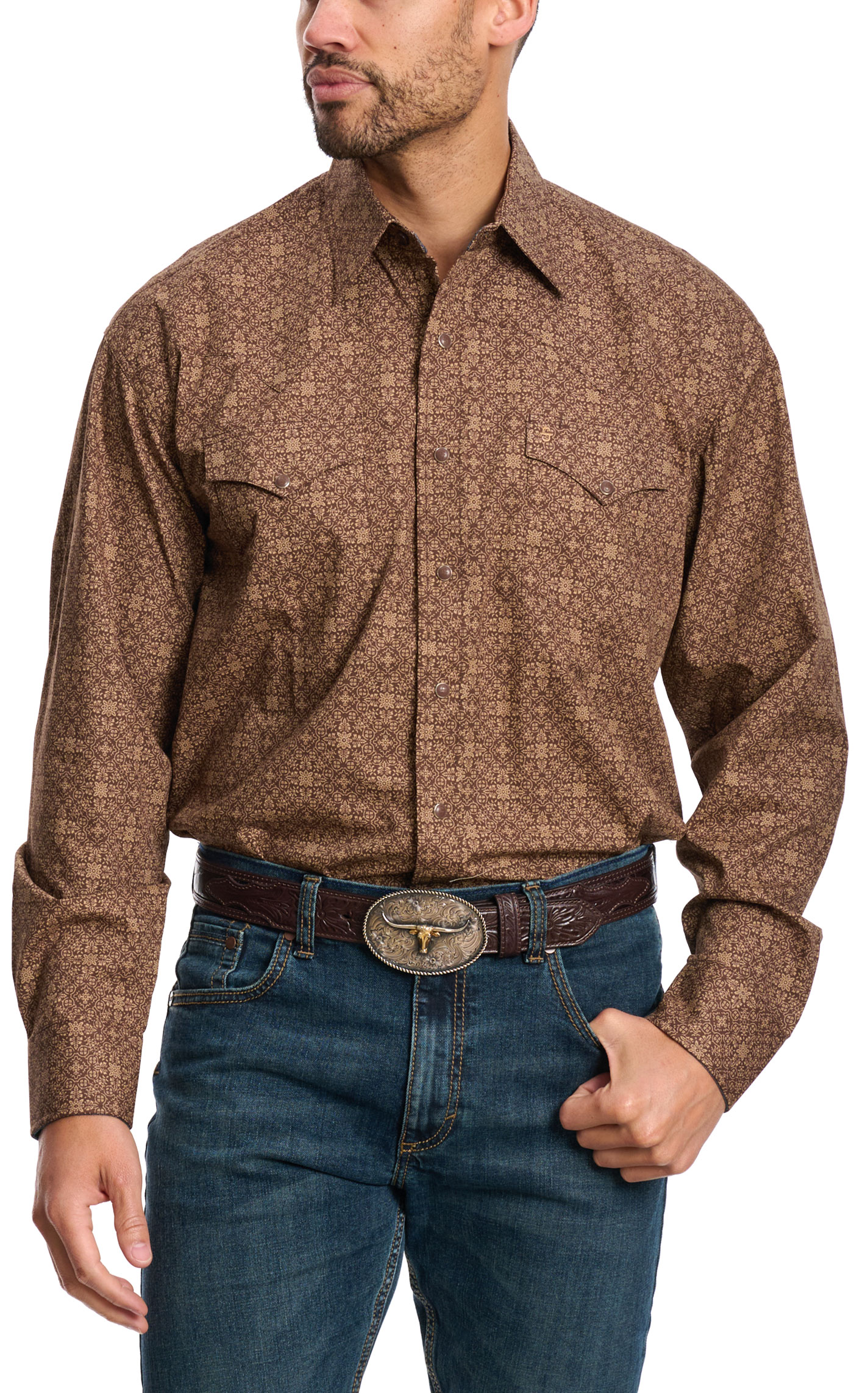 Stetson Men's Coffee & Chocolate Geo Western Shirt - Image 1