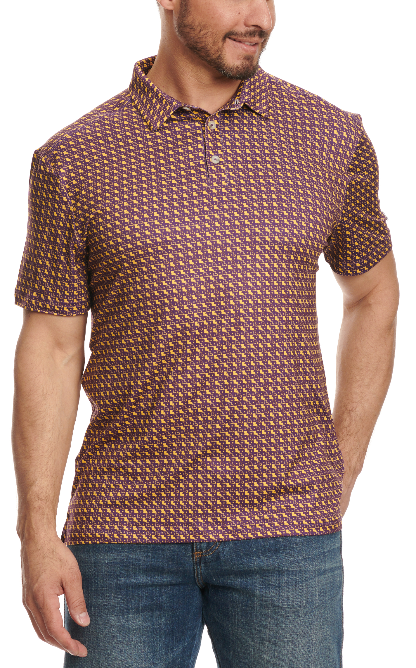 BURLEBO Men's Purple & Yellow Louisiana Performance Polo - Image 1