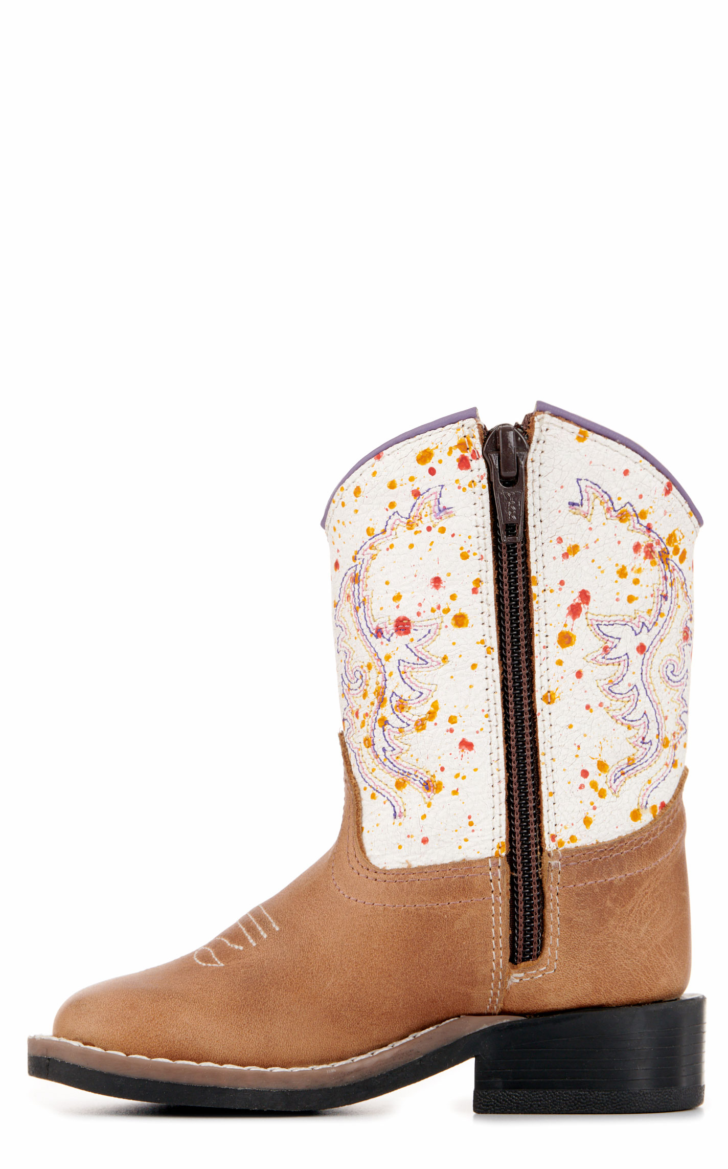 Old West Toddler Light Brown and Rainbow Crackle Wide Square Toe Cowboy Boots - Image 1