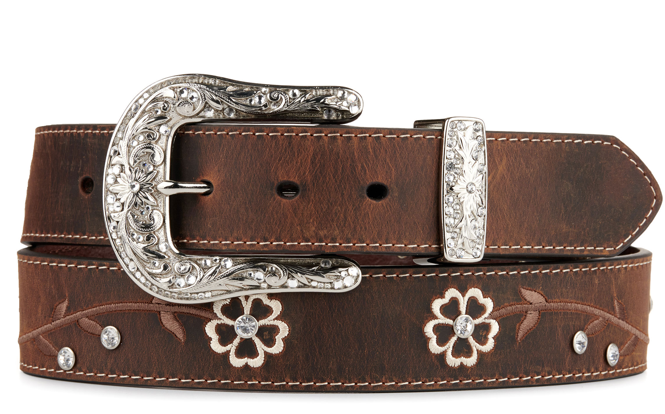 Ariat Distressed Brown with Embroidered Scrolling Flowers & Crystals Women's Scalloped Belt A1510202 - Image 1