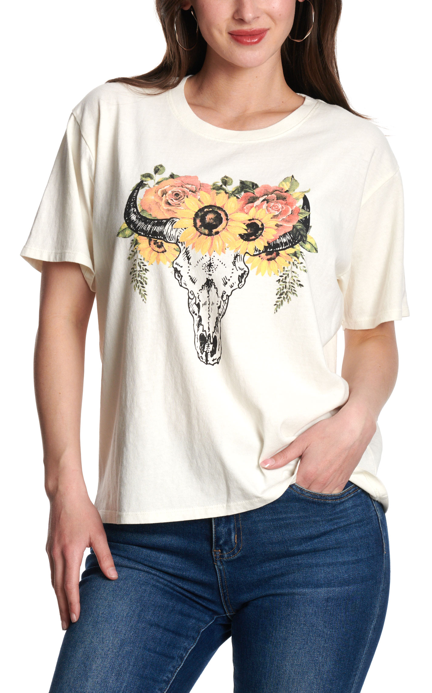 Rockin C Women’s Ivory Bull Skull Floral Graphic T-Shirt - Image 1