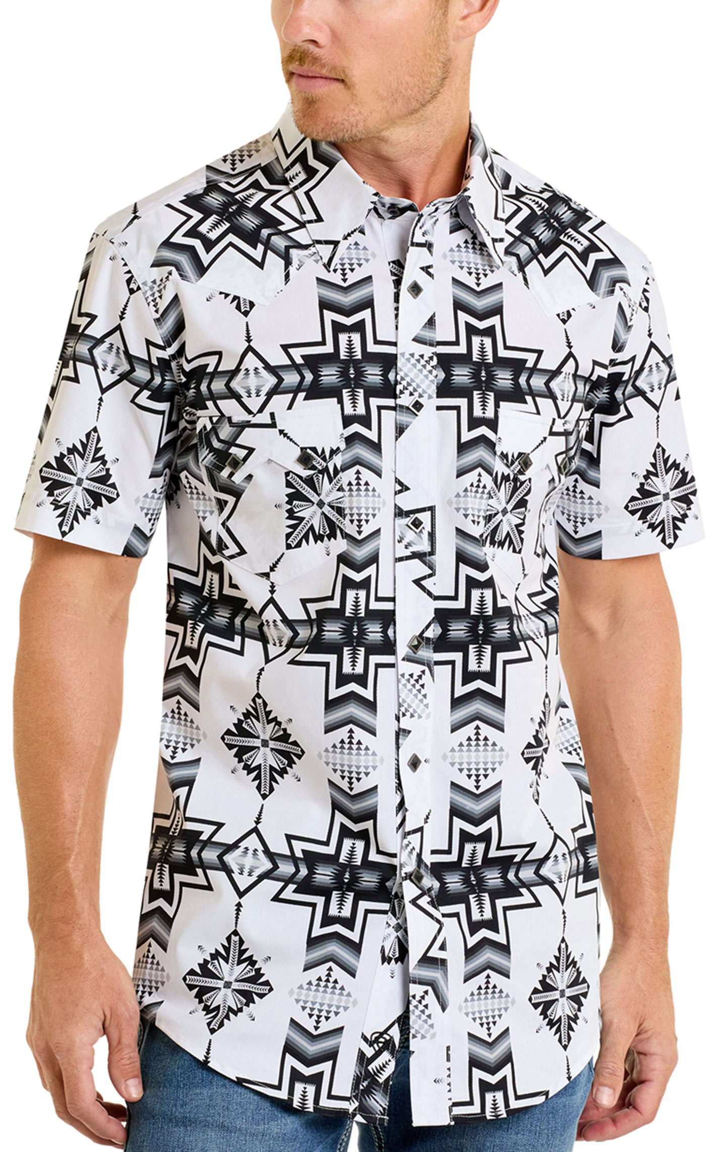 Rock & Roll Denim Men's Black & White Aztec Print Western Shirt - Image 1