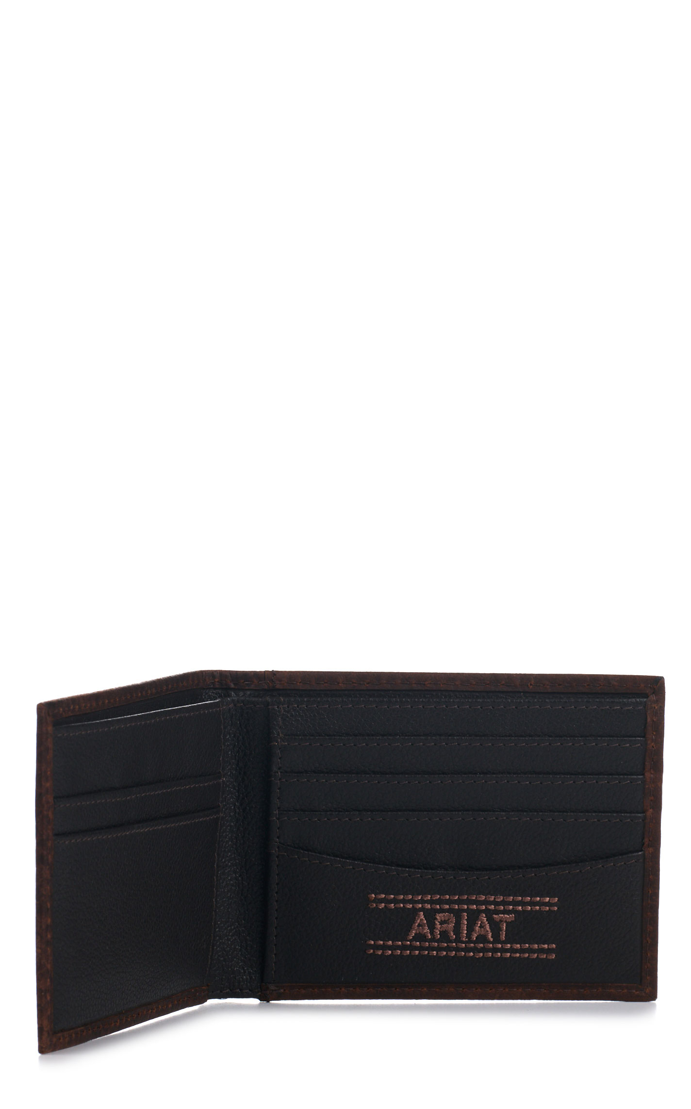 Ariat Men's Chocolate Bullhide & Shield Logo Bi-fold Wallet - Image 1