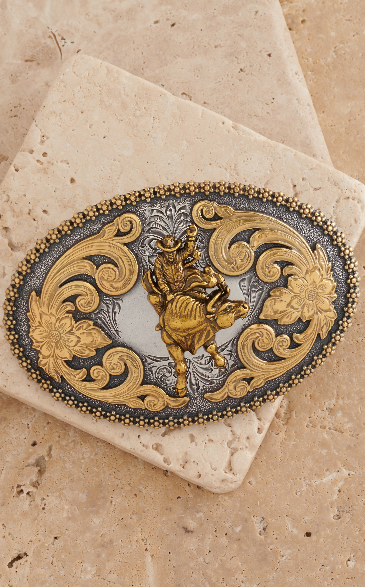 M&F Western Products Silver Oval with Gold Bull Rider Belt Buckle - Image 1