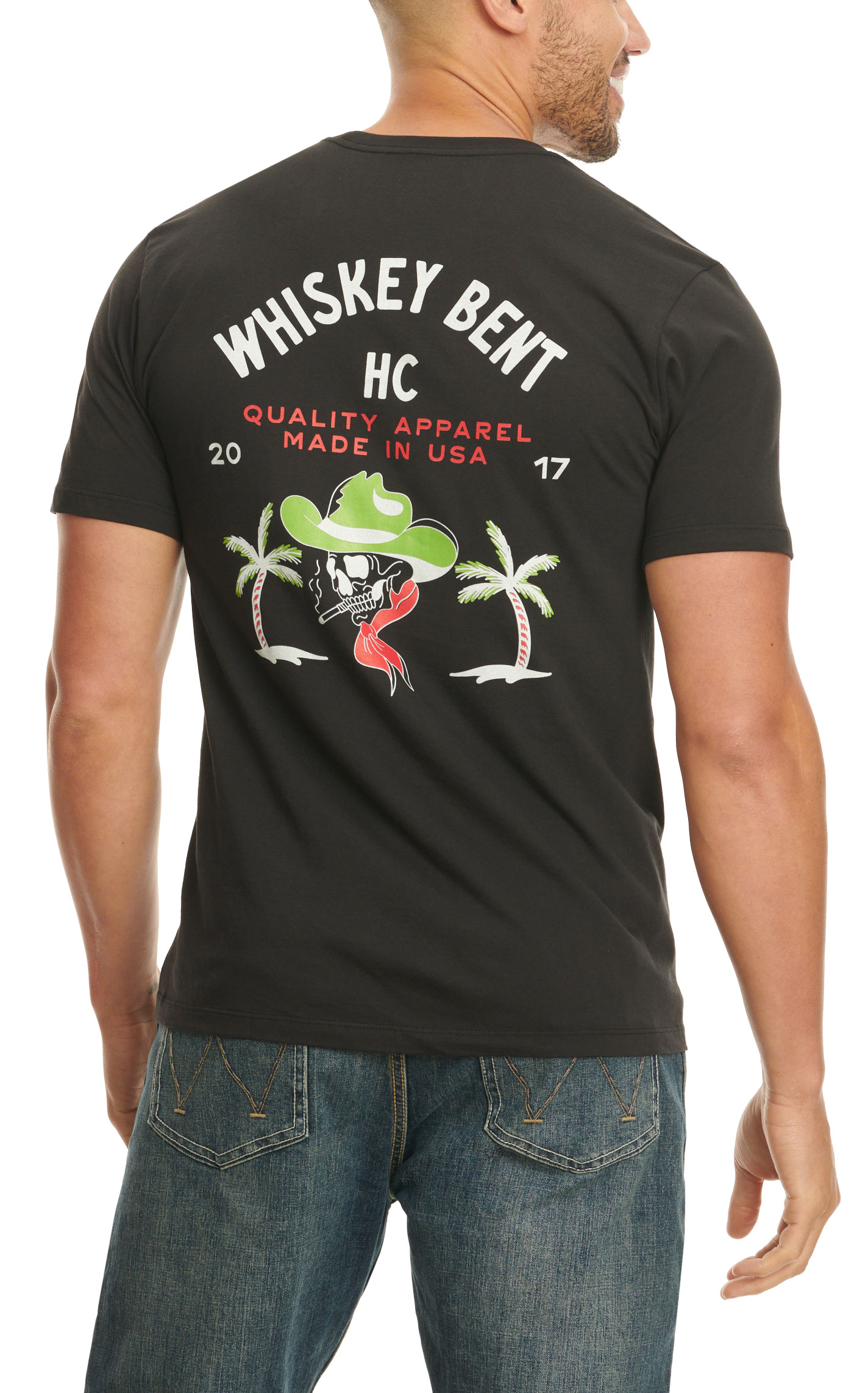 Whiskey Bent Hat Co. Men's Black & Cowboy Skull & Palms Logo Graphic Short Sleeve T-Shirt - Image 1