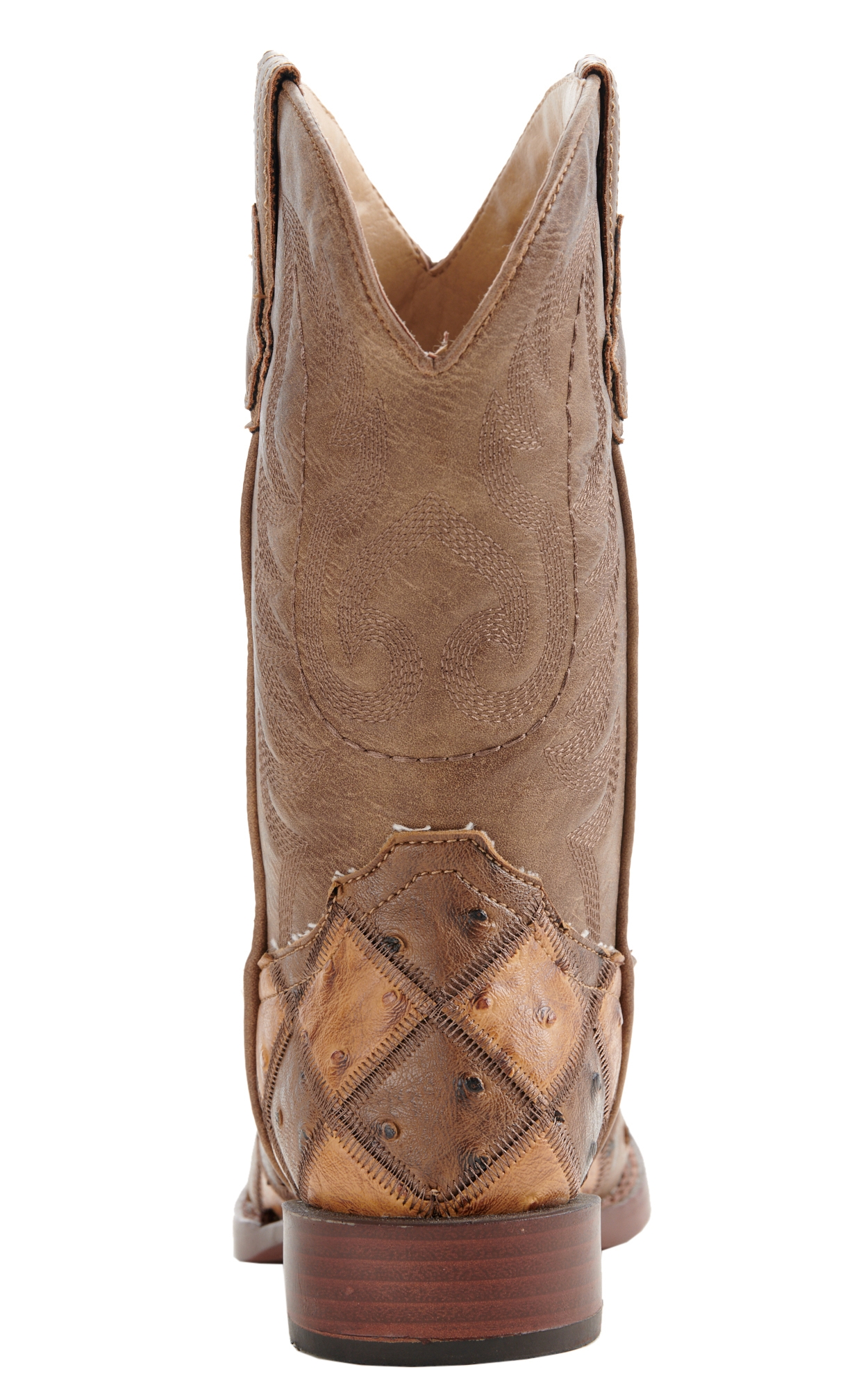 Roper Toddler Brown And Tan Faux Ostrich Patchwork Square Toe Cowboy Boots - Image 1