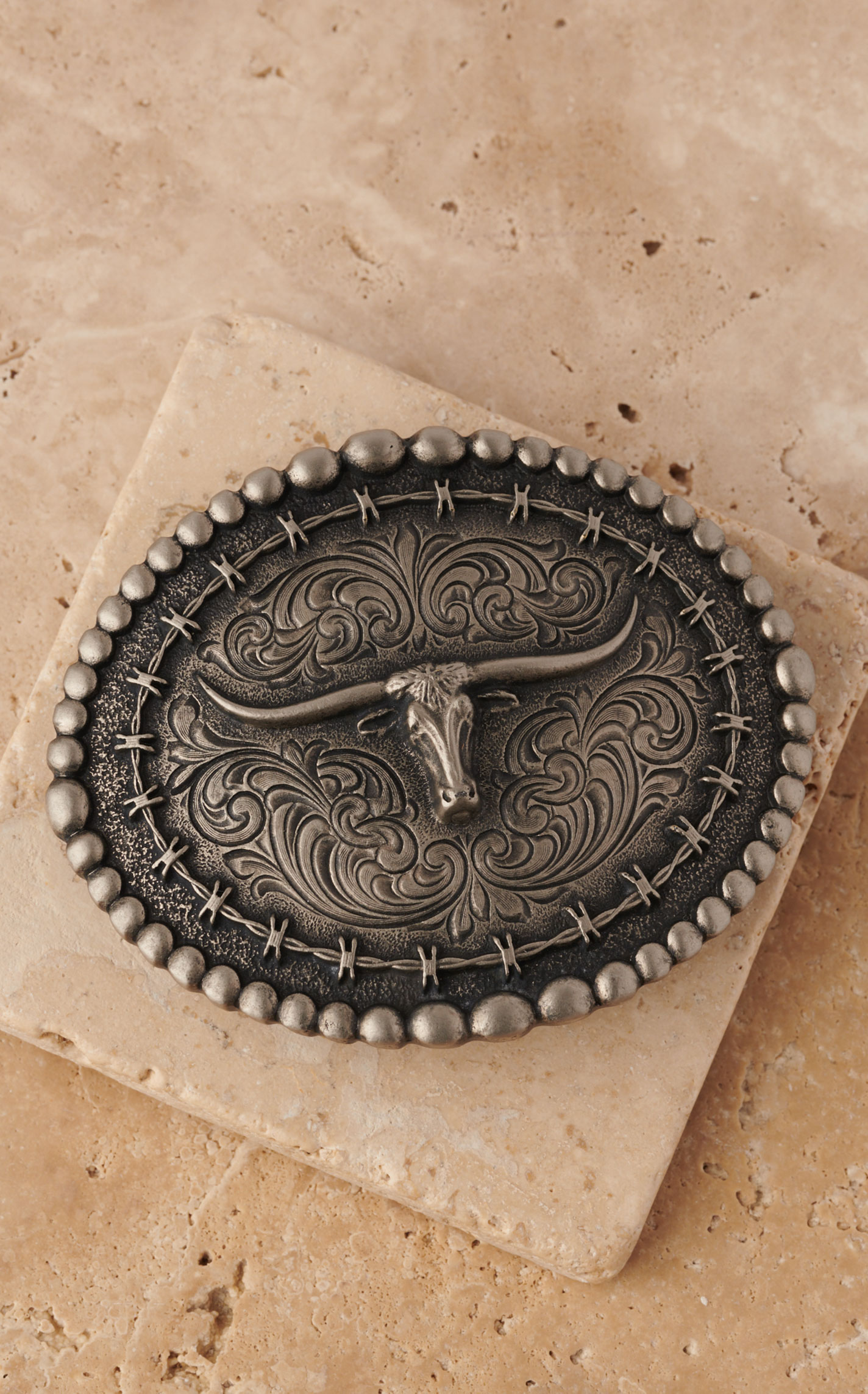 Attitude by Montana Silversmiths Antique Silver Barbed Wire Filigree Longhorn Belt Buckle - Image 1