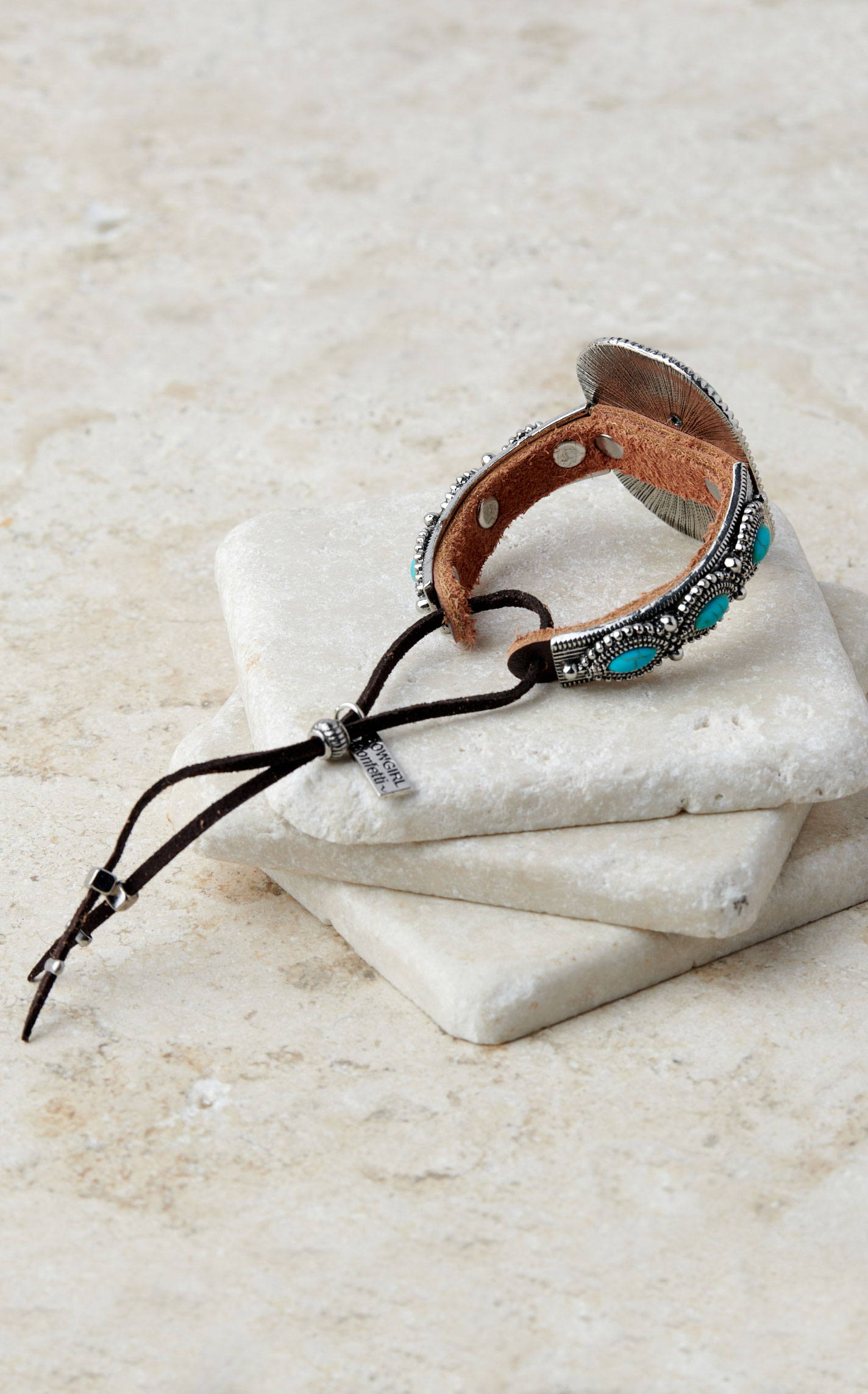 Cowgirl Confetti Silver on Leather Cuff with Large Turquoise Stone Bracelet - Image 1