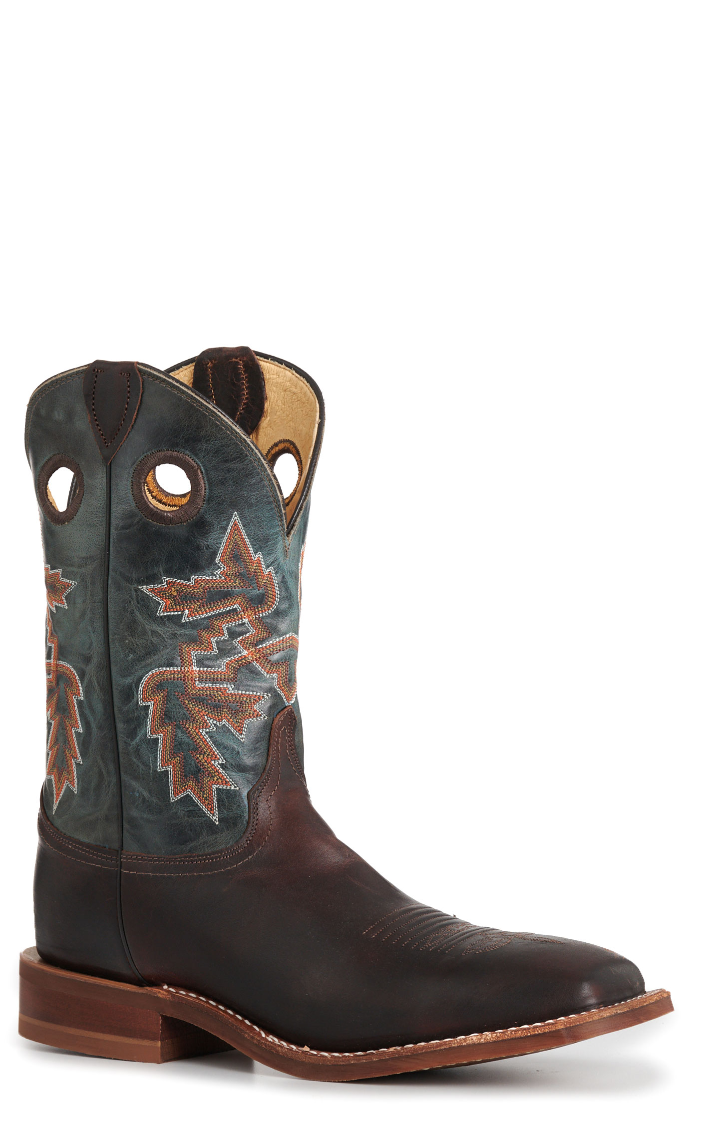 Justin Men’s Chocolate Brown & Silver Blue Bender Wide Square Toe Cowboy Boots - Image 1