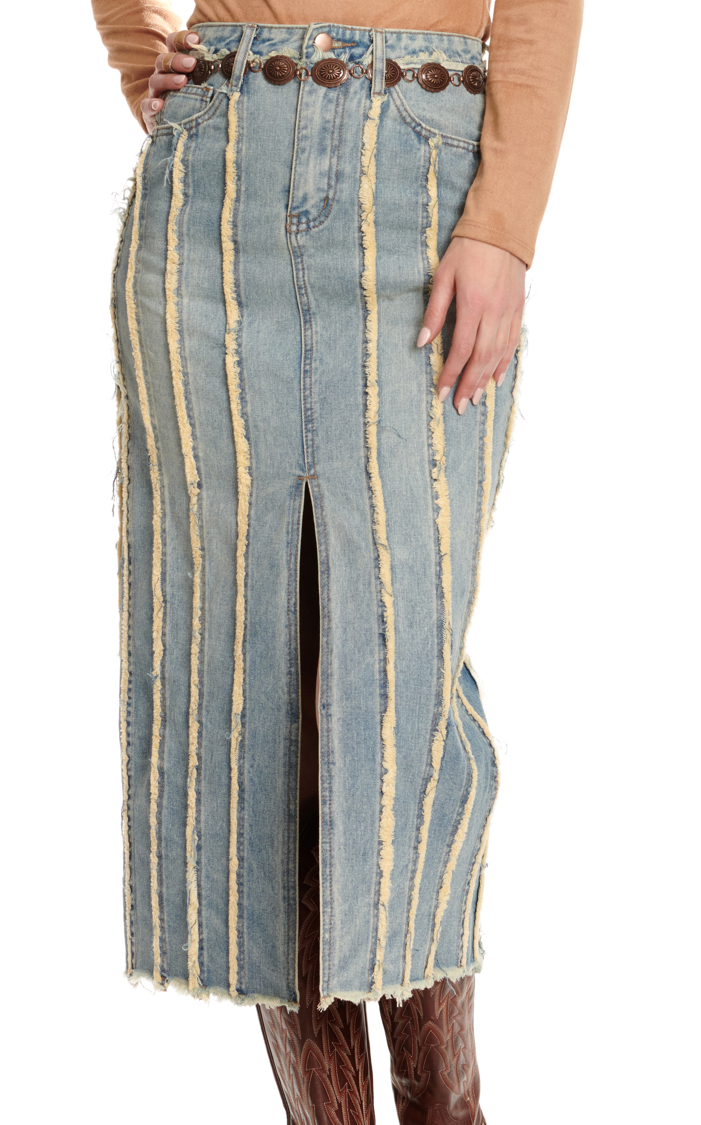 Blue B Women's Light Wash Frayed Seam Stripes Maxi Slit Front Skirt  - Image 1
