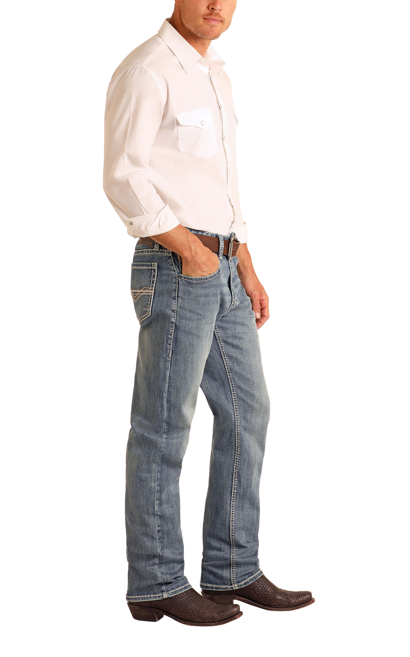 Rock & Roll Denim Men's Alpha Medium Wash Vintage Tapered Boot Cut Jeans - Image 1