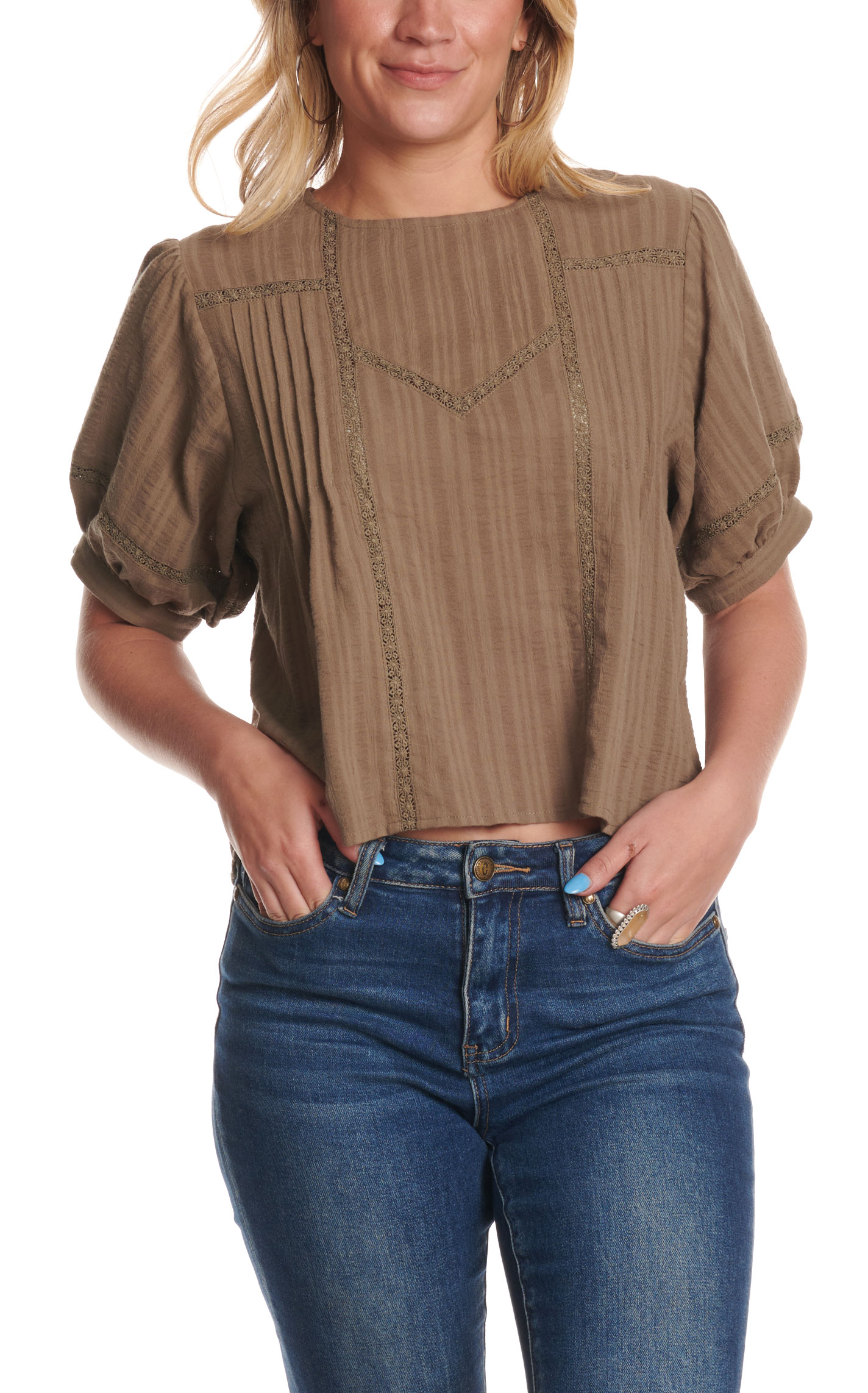 Yura Women's Olive Lace Puff Sleeve Cropped Top - Image 1