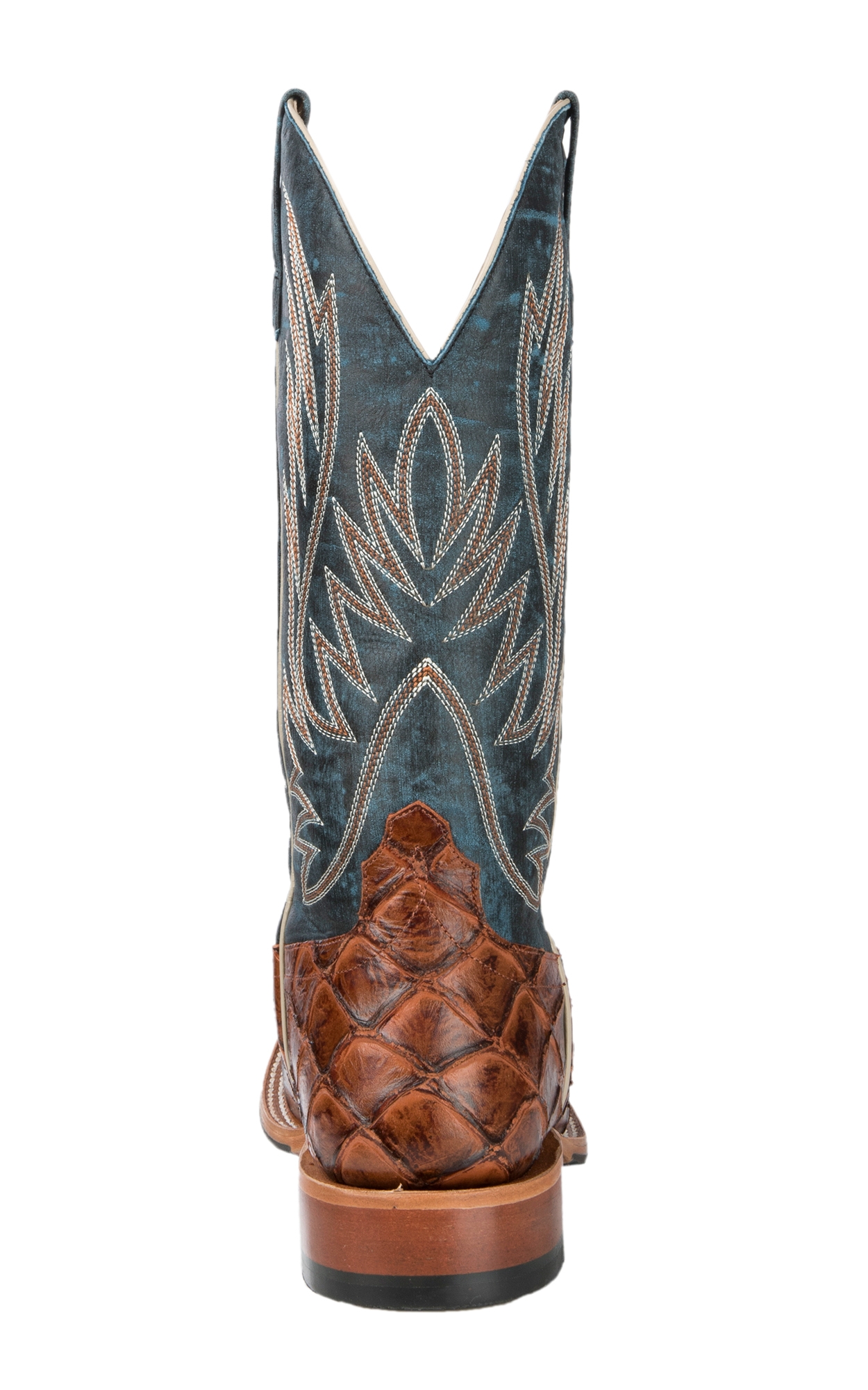 Anderson Bean Men's Horse Power Cognac Fish Print and Blue Double Welt Wide Square Toe Cowboy Boots - Image 1