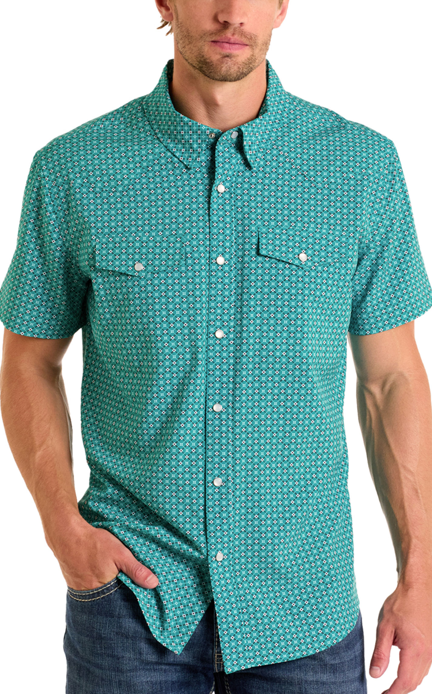 Panhandle Slim Men's Turquoise Performance Geo Print Western Shirt  - Image 1