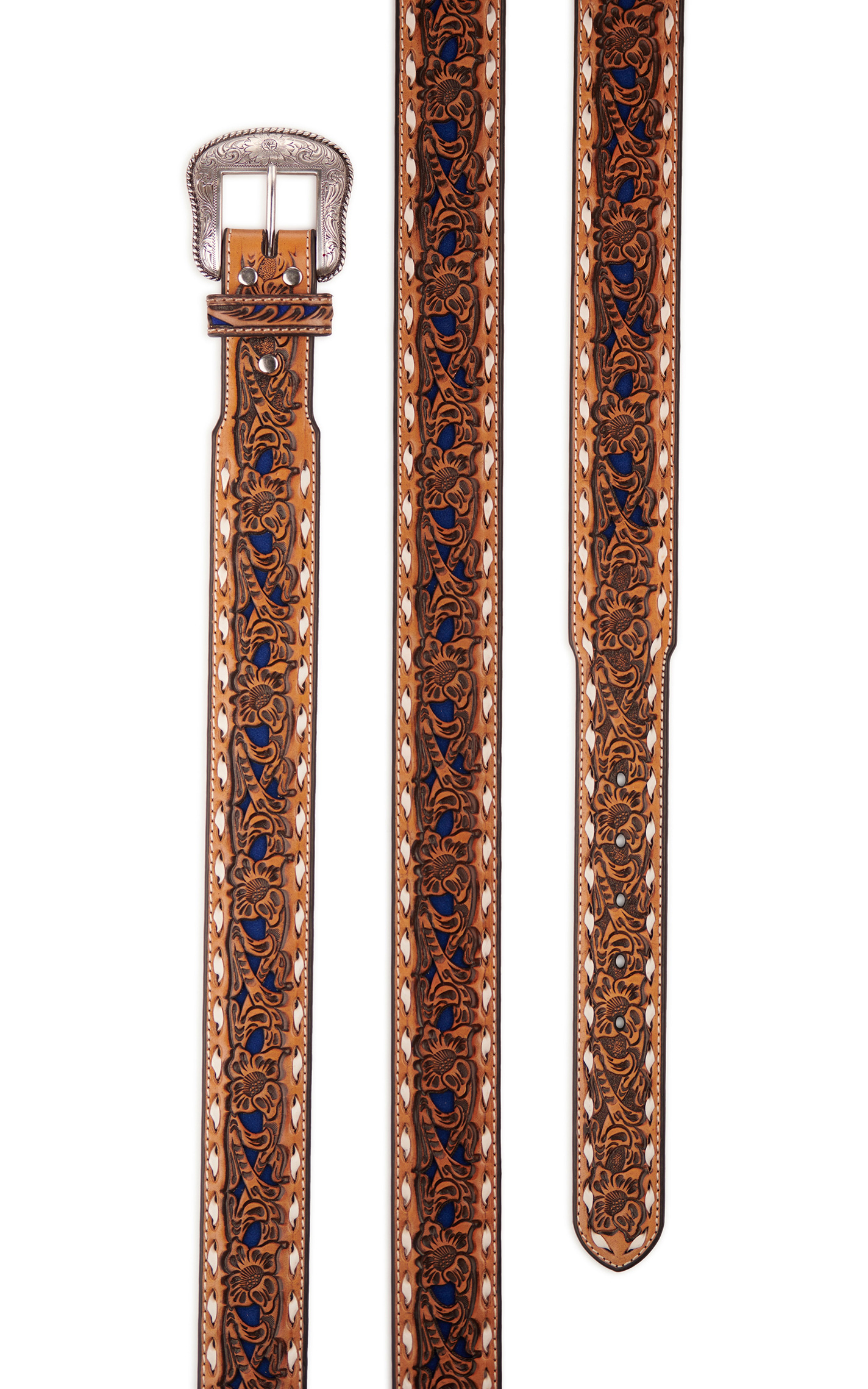 Nocona Men's Tan Genuine Leather Floral with Blue Inlay & White Lace Western Belt - Image 1