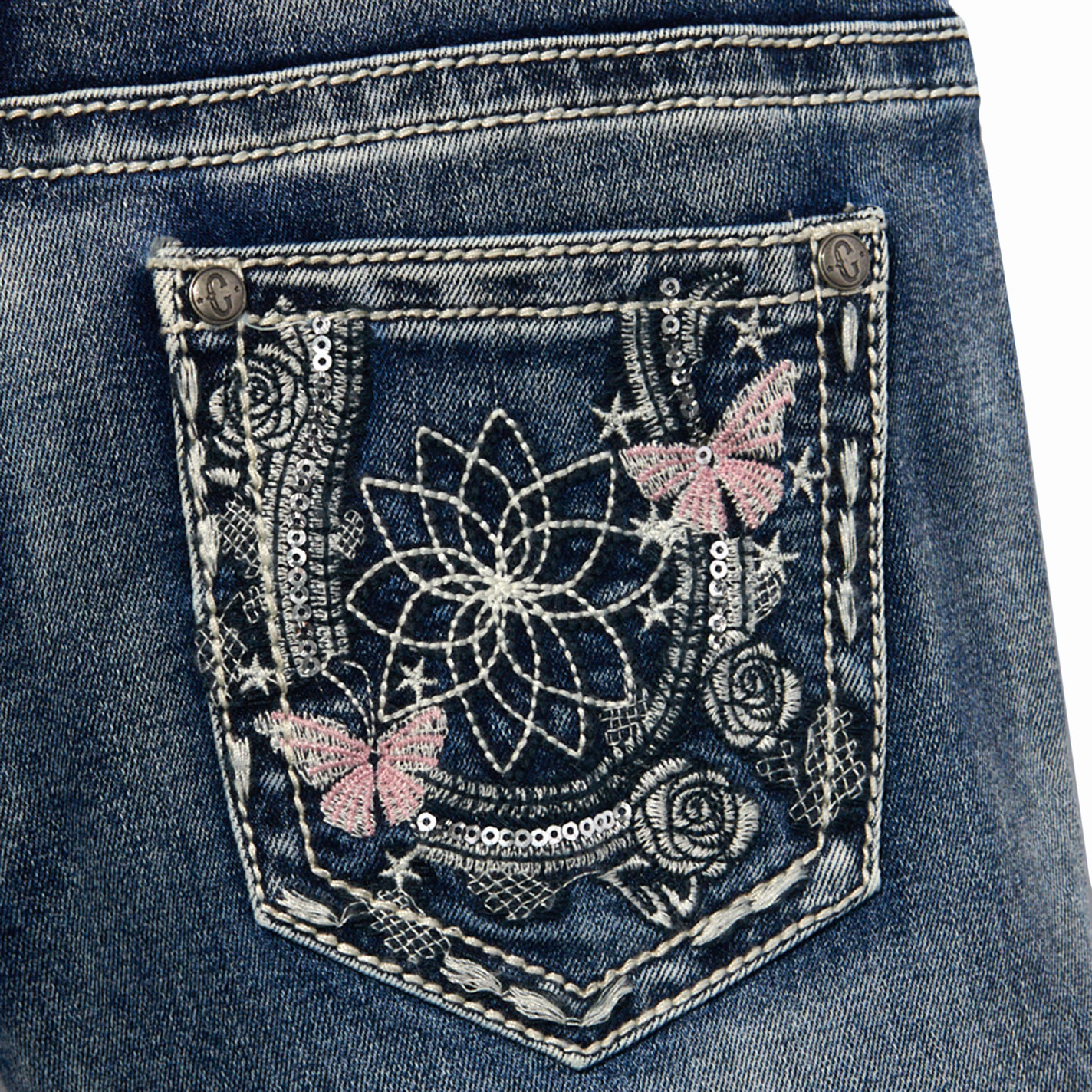 Rockin C Girl's Medium Wash Butterfly Embroidery Pocket Jeans - Image 1