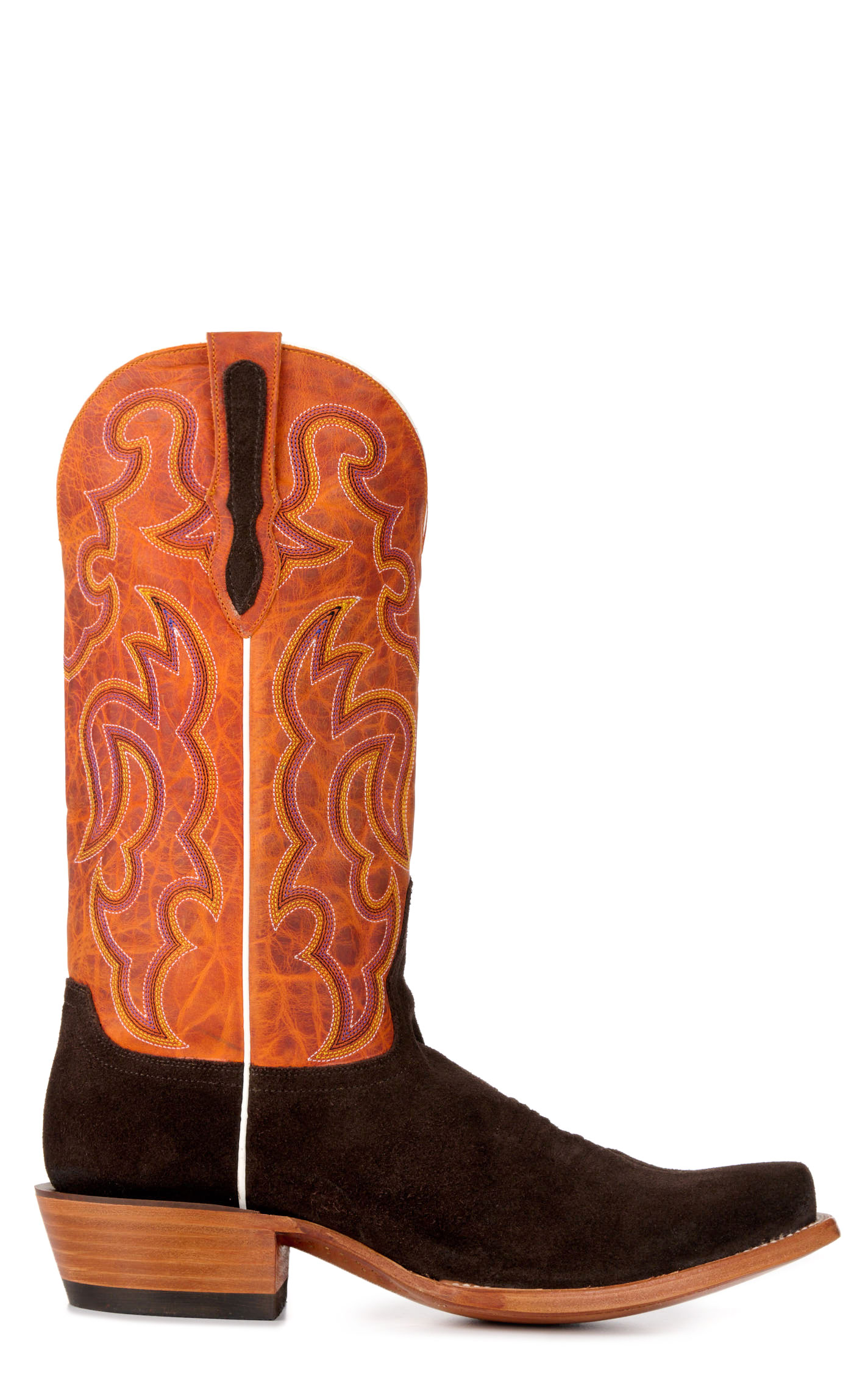Cavender's Men's Chocolate Roughout and Orange Punchy Square Toe Cowboy Boots - Image 1