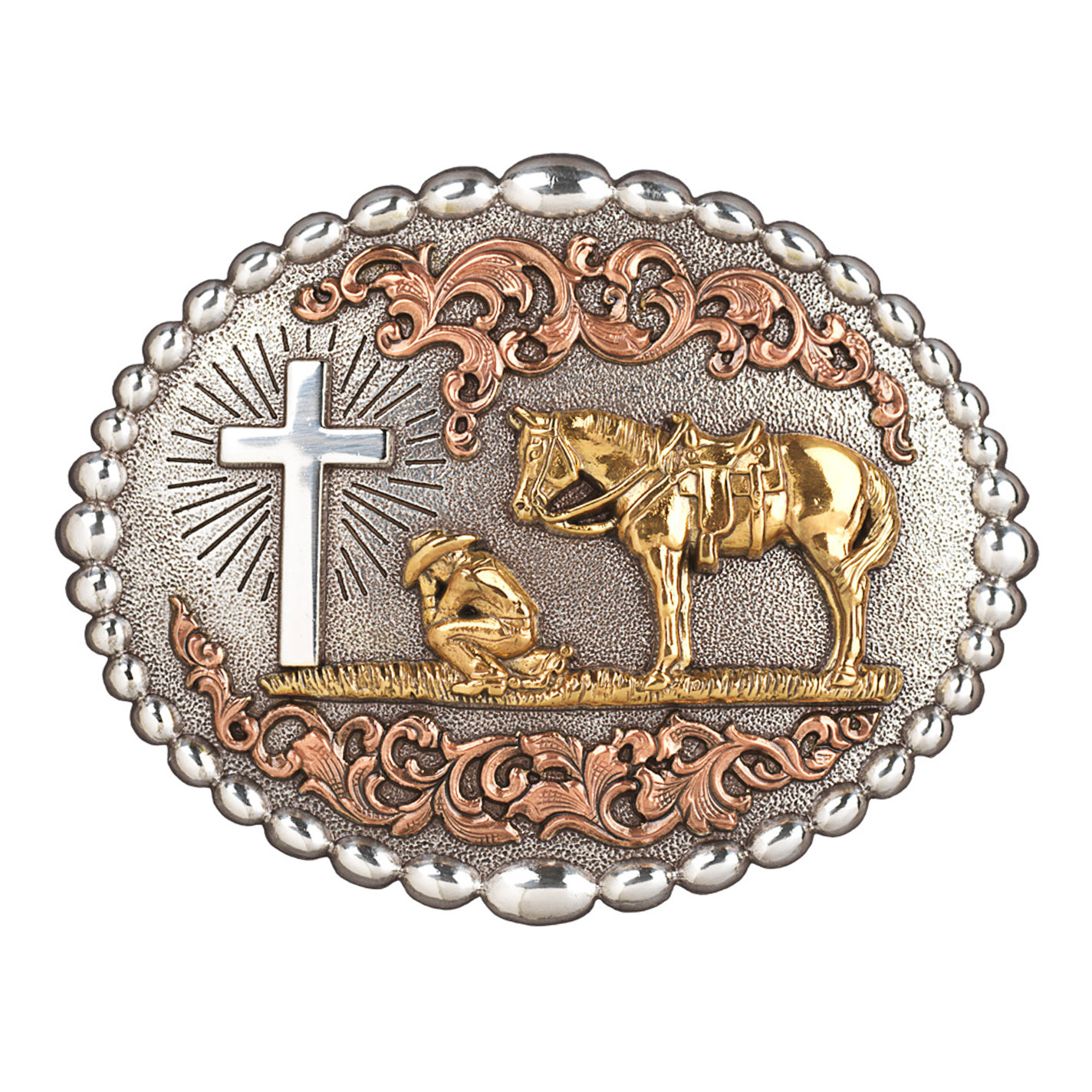 Nocona Two Tone Oval Praying Cowboy Belt Buckle - Image 1