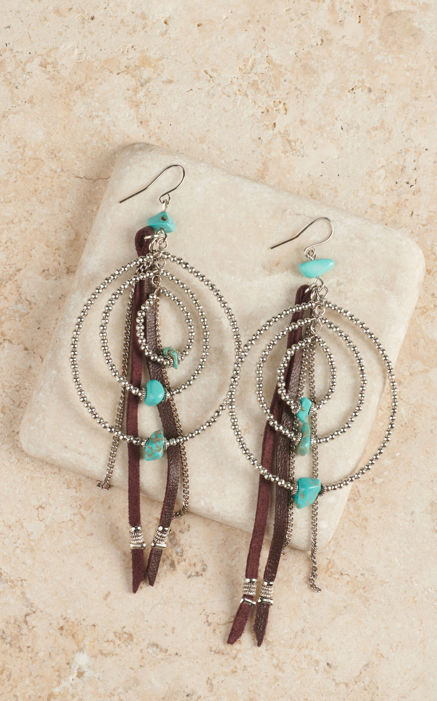 Cowgirl Confetti Women's Silver Beaded Loops with Turquoise Leather and Chain Tassels Earrings - Image 1