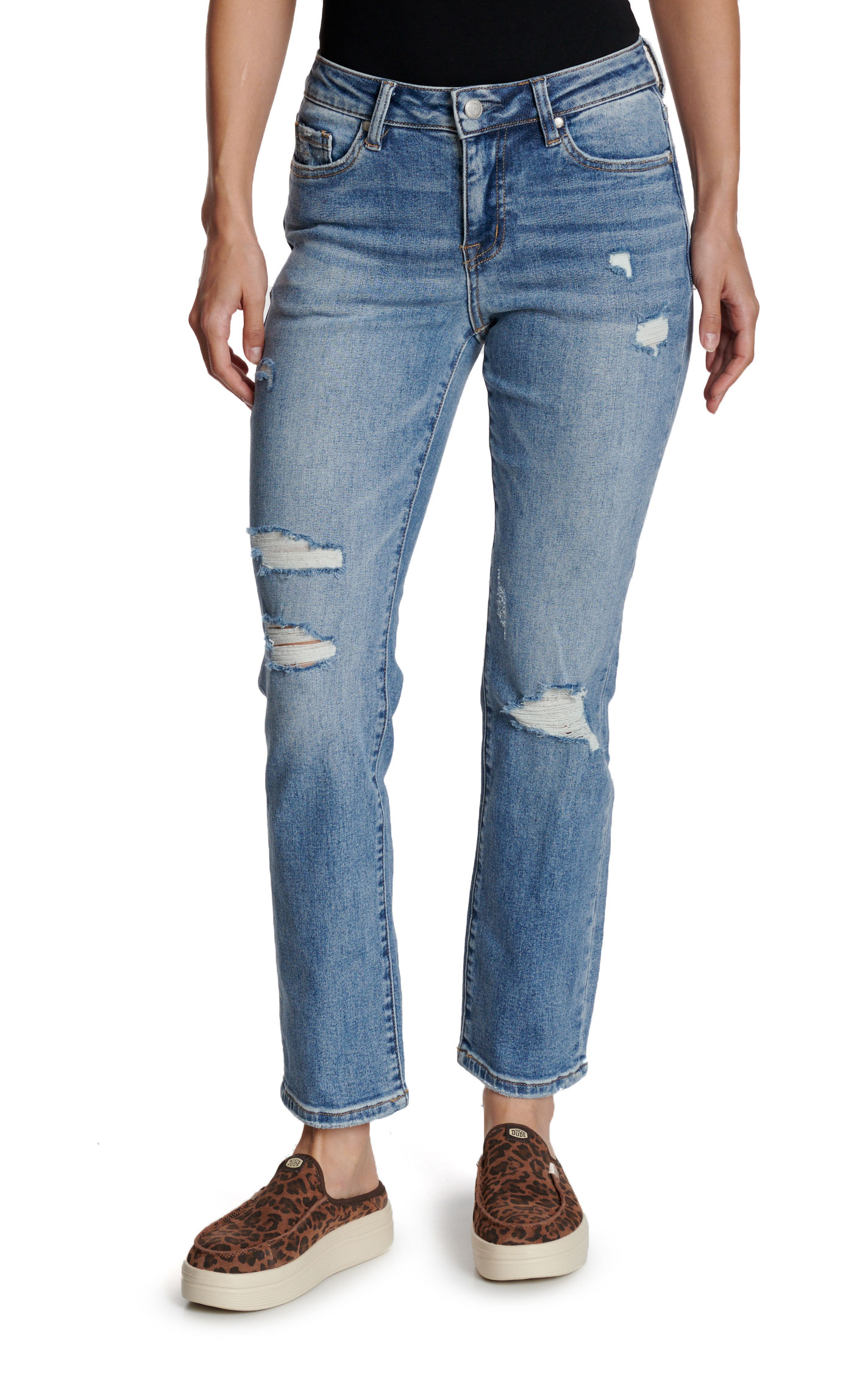 Rockin’ C Women’s Light Wash Straight Distressed Cropped Mid Rise Jeans - Image 1