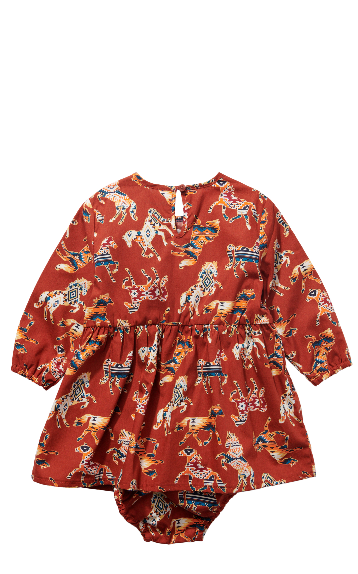 Wrangler Infant Girl's Dark Red-Orange Aztec Horse Print Long Sleeve Dress - Image 1