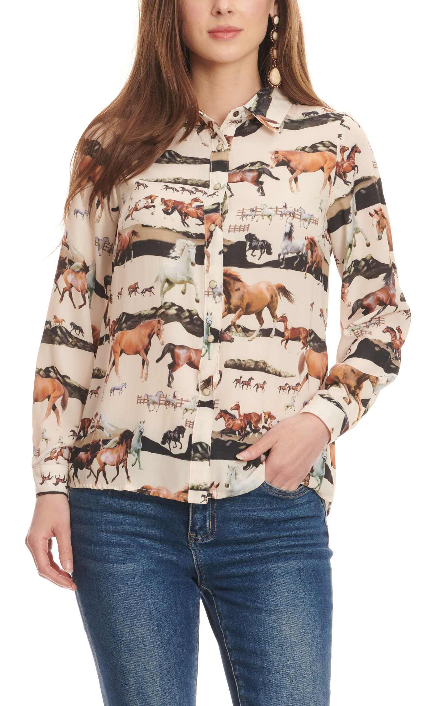 Fashion Express Women's Cream with Multiple Horse Print Long Sleeve Western Shirt  - Image 1