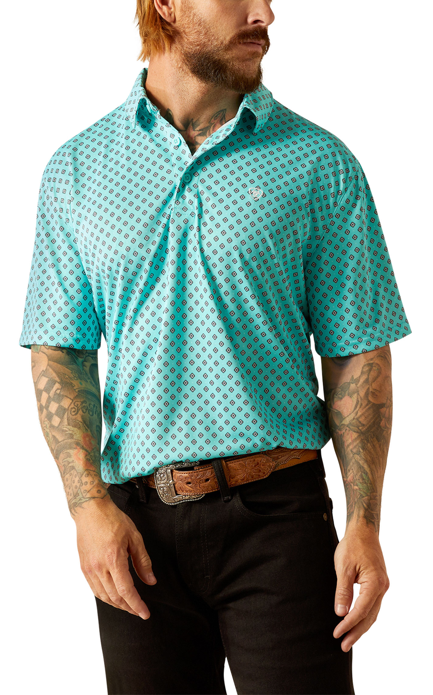 Ariat Men's AriatTEK Charger Sky Aqua Aztec Geo Polo Shirt - Image 1